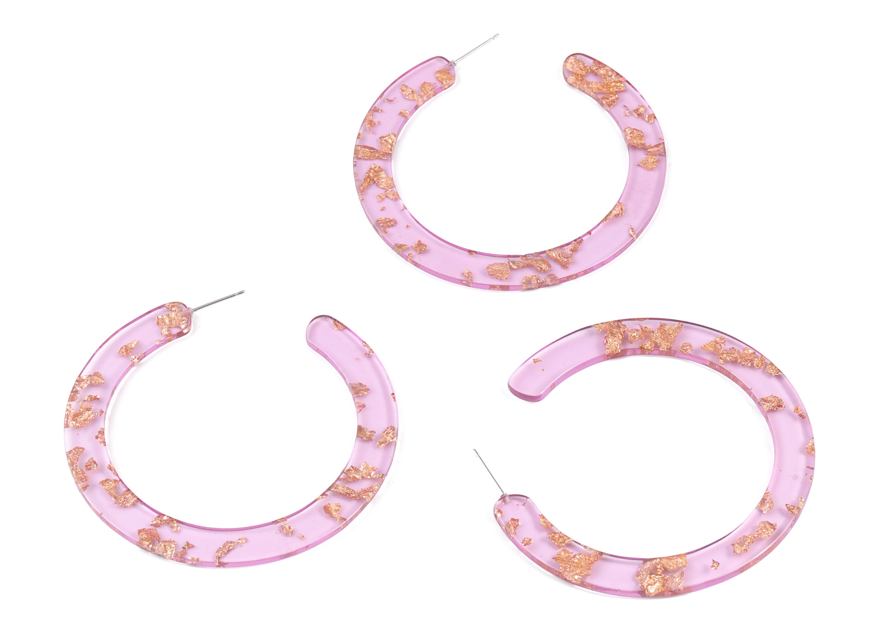 Open Hoop Earrings Stud - 2.5 inch Hoop Earring - Gold Foil Purple Acetate Round Earring Post - Color Code:A293 - 63.5x2.5mm - AC1572-A293 - DOMEDBAZAAR