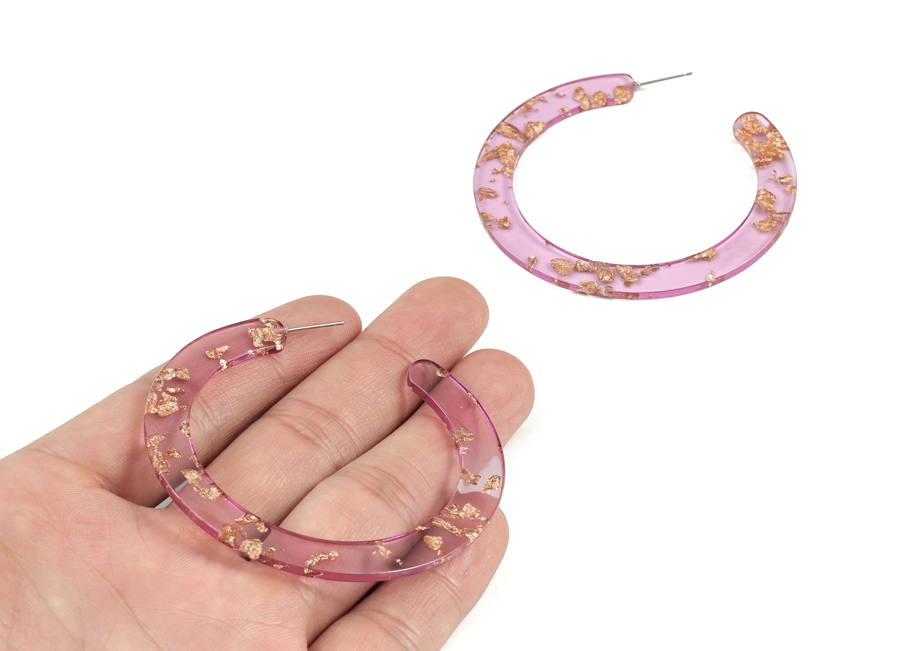 Open Hoop Earrings Stud - 2.5 inch Hoop Earring - Gold Foil Purple Acetate Round Earring Post - Color Code:A293 - 63.5x2.5mm - AC1572-A293 - DOMEDBAZAAR