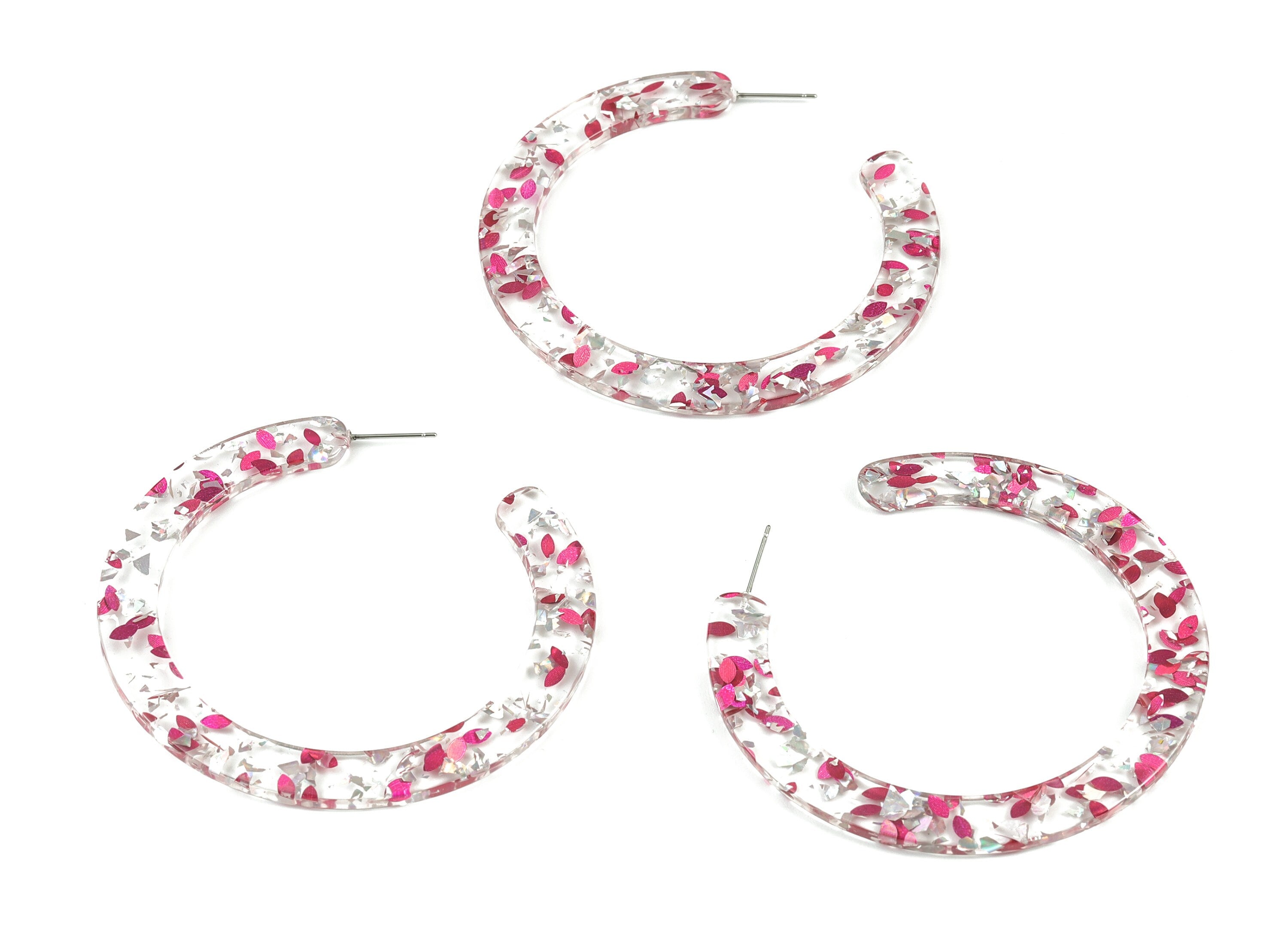 Open Hoop Earrings Stud - 2.5 inch Hoop Earring - Silver Pink Foil Acetate Round Earring Post - Color Code:A438 - 63.5x2.5mm - AC1572-A438 - DOMEDBAZAAR