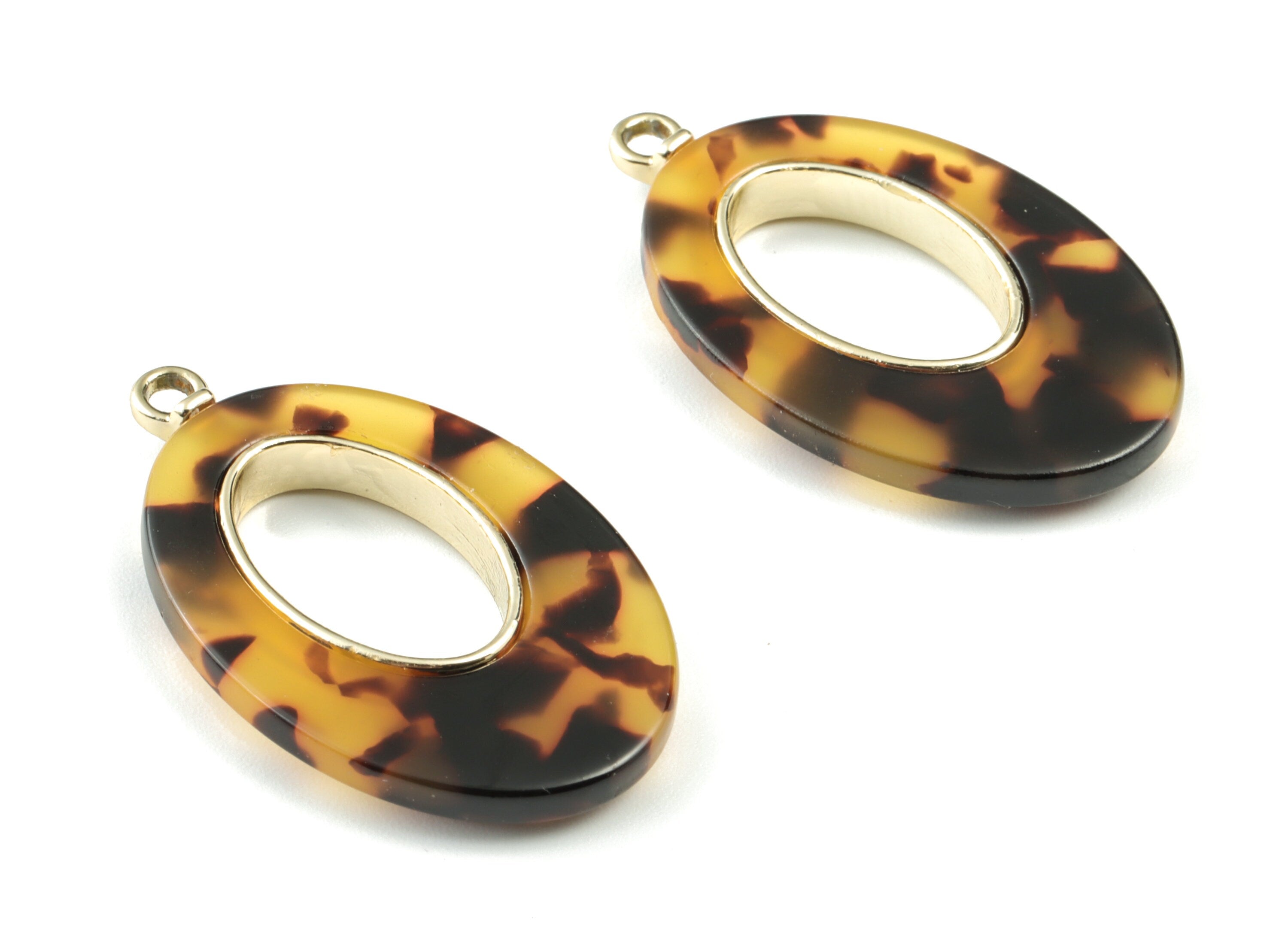 Acetate Alloy Drop Earring Charms - Gold Alloy Frame Tortoise Shell Charms - Tortosise Marquise  Pendant - 35.73x21.73x4.15mm - AC1183-A02G - DOMEDBAZAAR