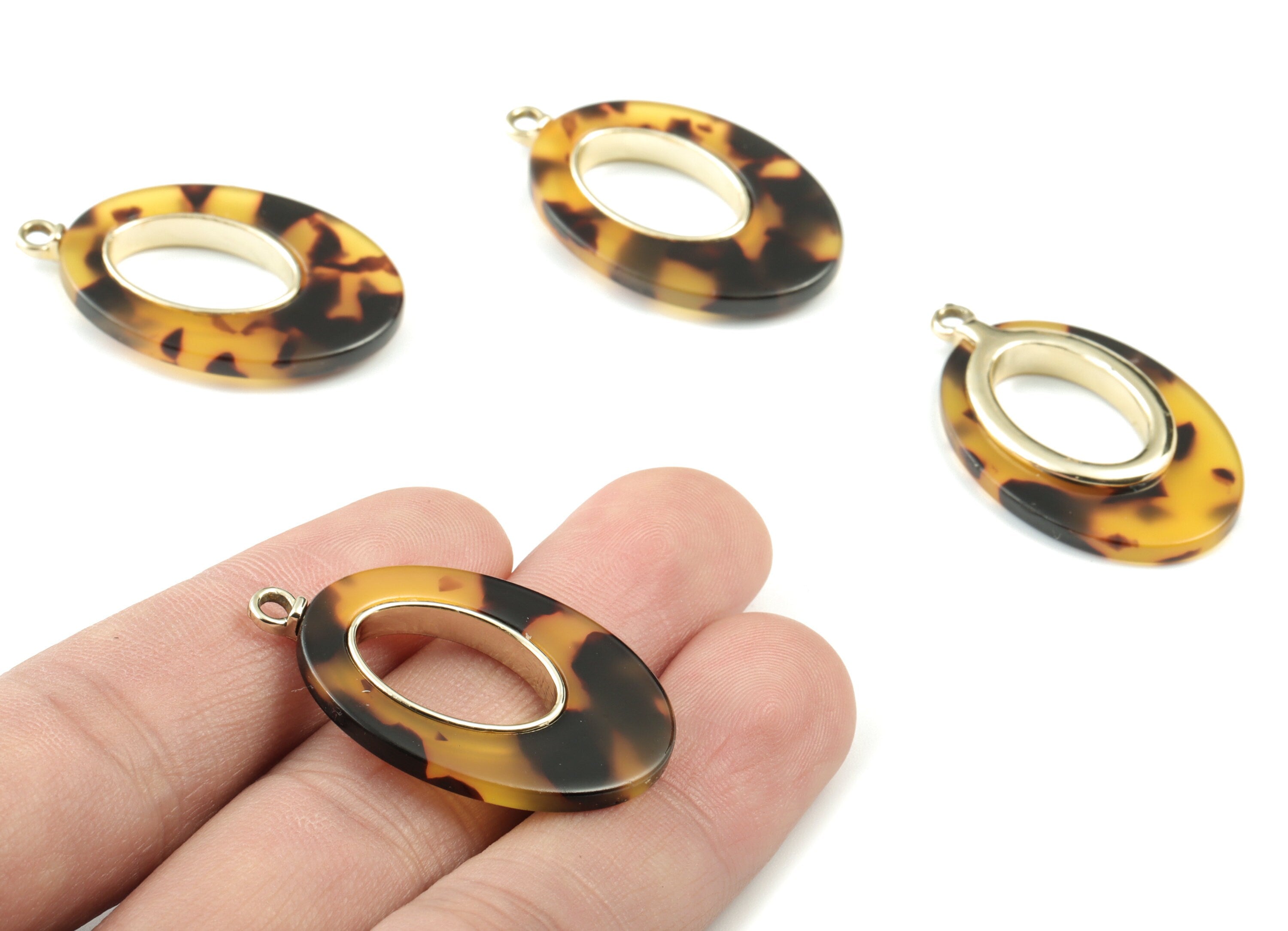 Acetate Alloy Drop Earring Charms - Gold Alloy Frame Tortoise Shell Charms - Tortosise Marquise  Pendant - 35.73x21.73x4.15mm - AC1183-A02G - DOMEDBAZAAR