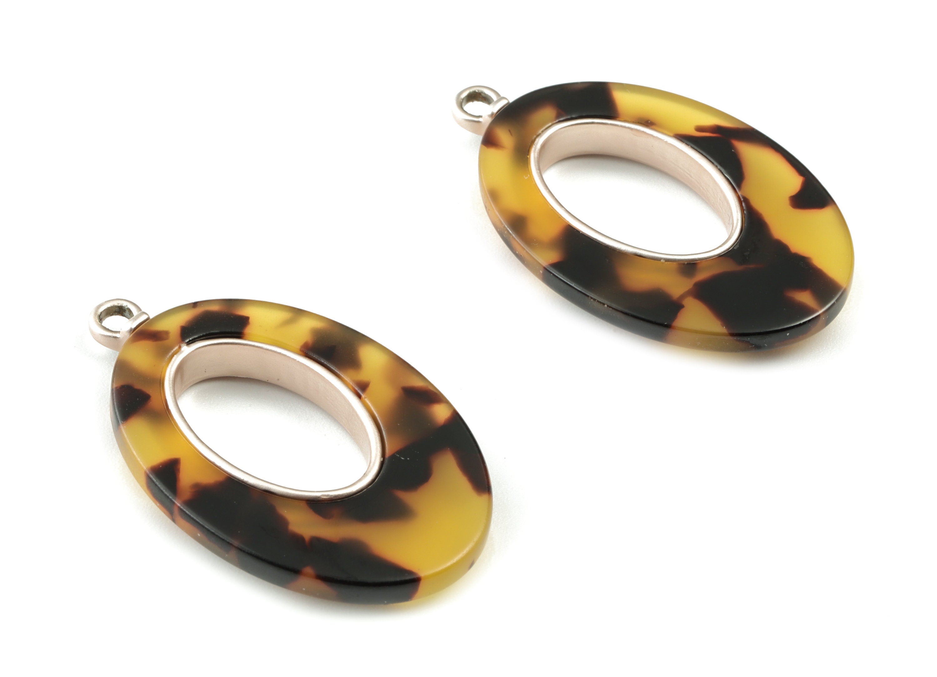 Acetate Alloy Drop Earring Charms - Matter Rose Alloy Frame Tortoise Shell Charms - Tortosise Marquise Pendant - 36x22x4mm - AC1183-A02MR - DOMEDBAZAAR