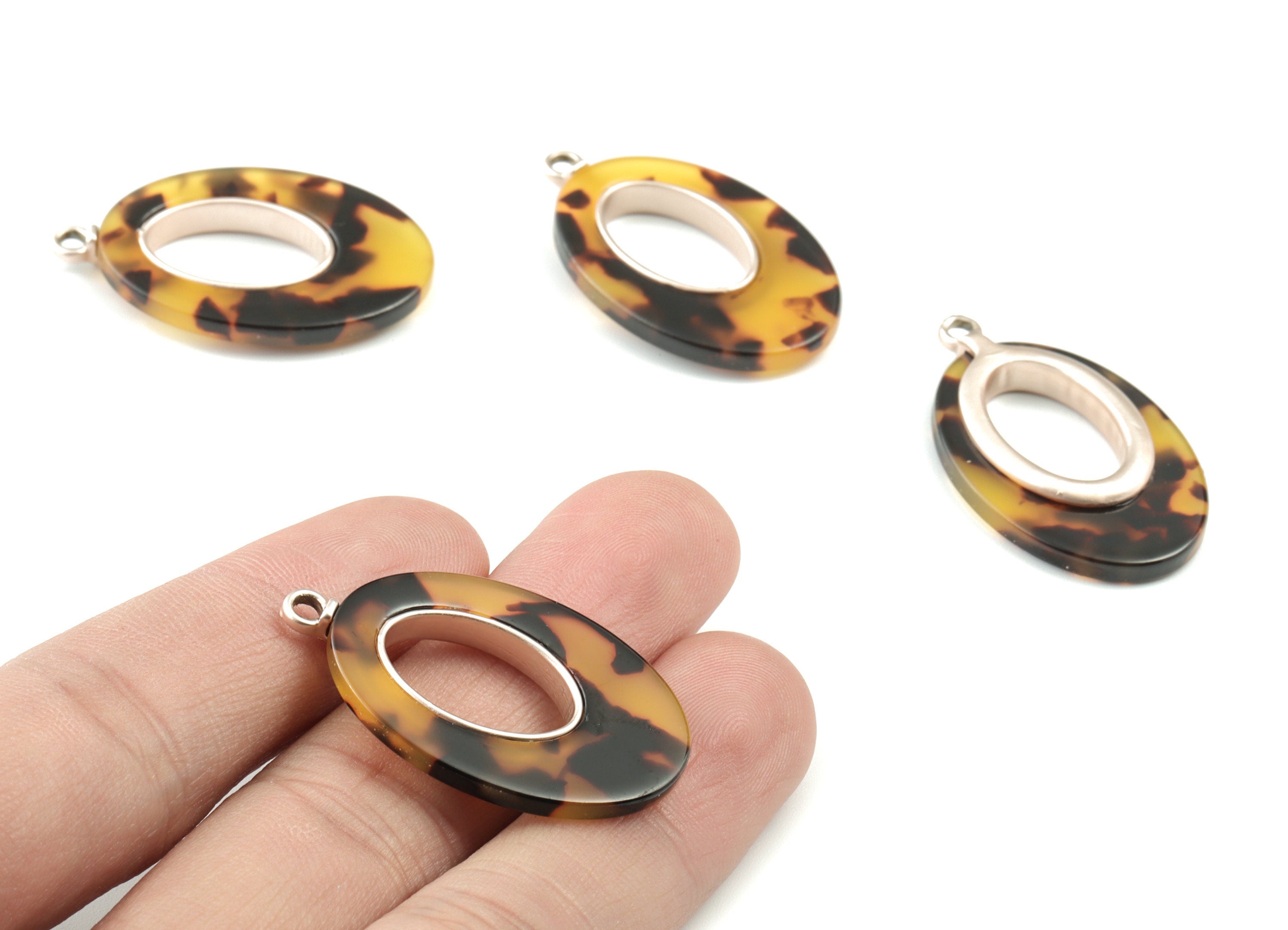 Acetate Alloy Drop Earring Charms - Matter Rose Alloy Frame Tortoise Shell Charms - Tortosise Marquise Pendant - 36x22x4mm - AC1183-A02MR - DOMEDBAZAAR