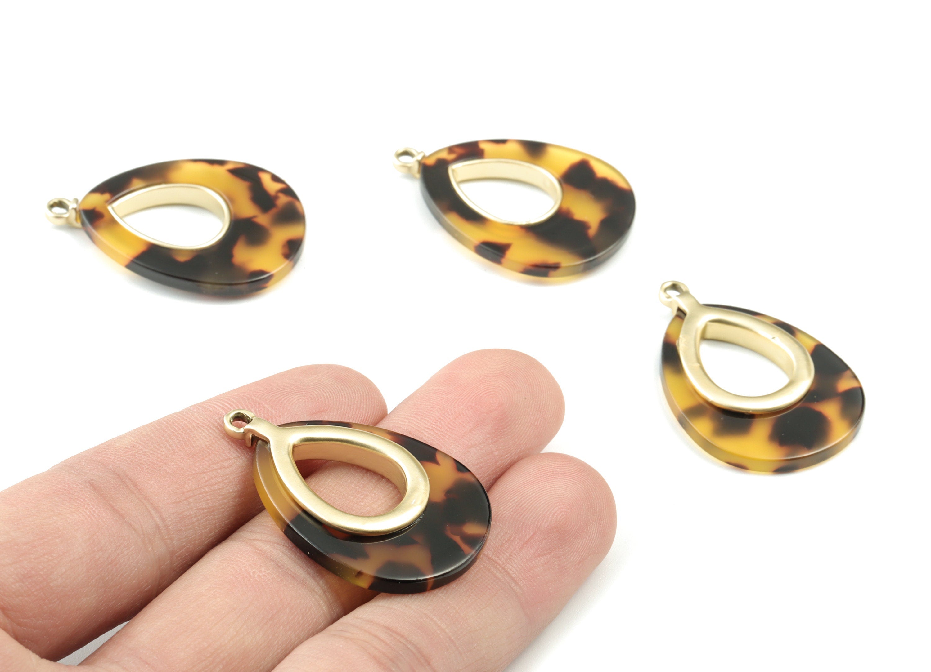 Acetate Alloy Drop Earring Charm - Matter Gold Alloy Frame Tortoise Shell Charms - Tortoise Shell Drop Pendant - 35x24x4mm - AC1182-A02MG - DOMEDBAZAAR