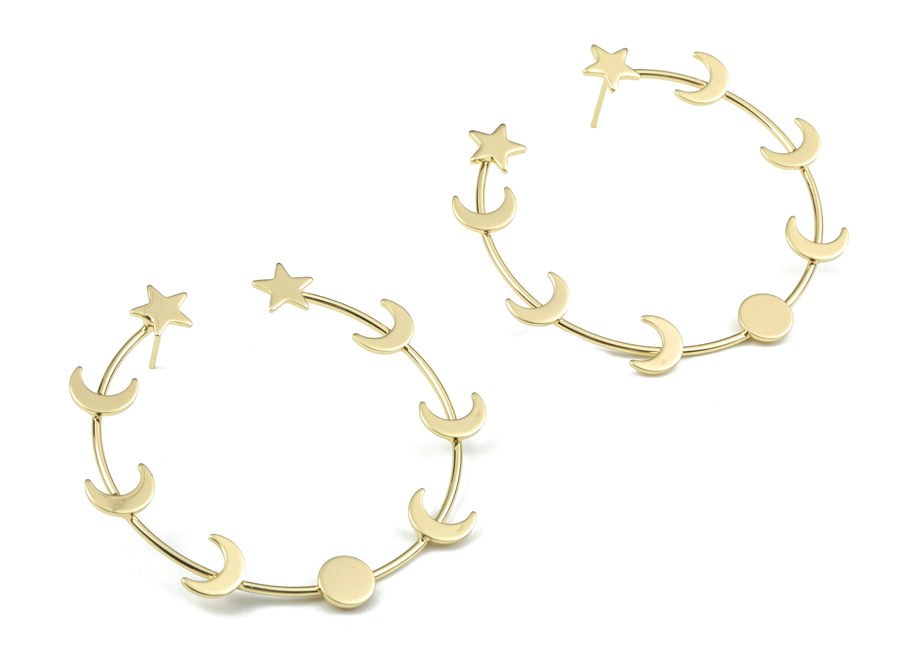 Gold Hoop Crescent Earring Stud - 18K Real Gold Brass Open Hoop Star Earring Post - Surgical Stud - 50.65x8.23x2.18mm - RGP2754G - DOMEDBAZAAR