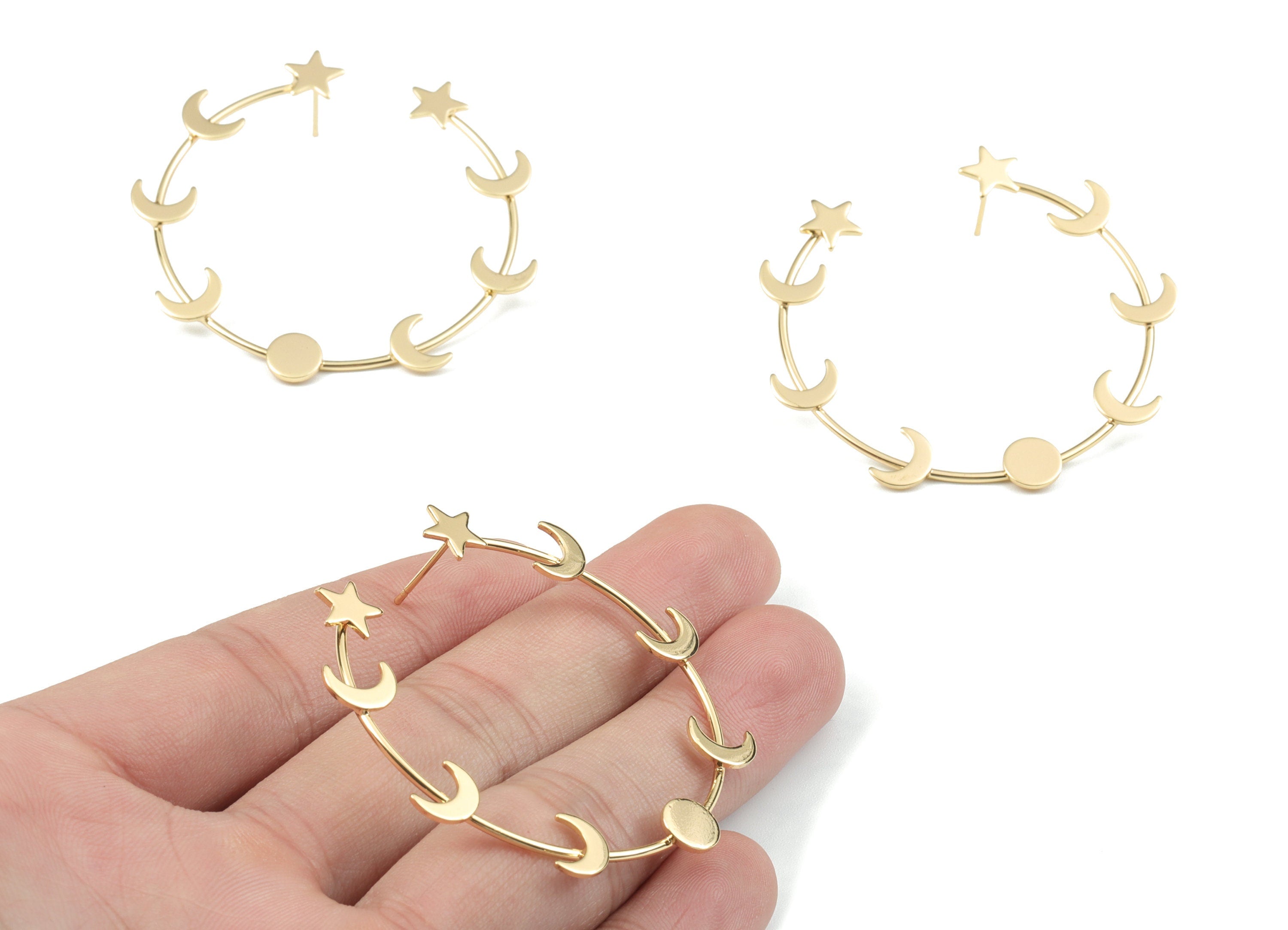 Gold Hoop Crescent Earring Stud - 18K Real Gold Brass Open Hoop Star Earring Post - Surgical Stud - 50.65x8.23x2.18mm - RGP2754G - DOMEDBAZAAR