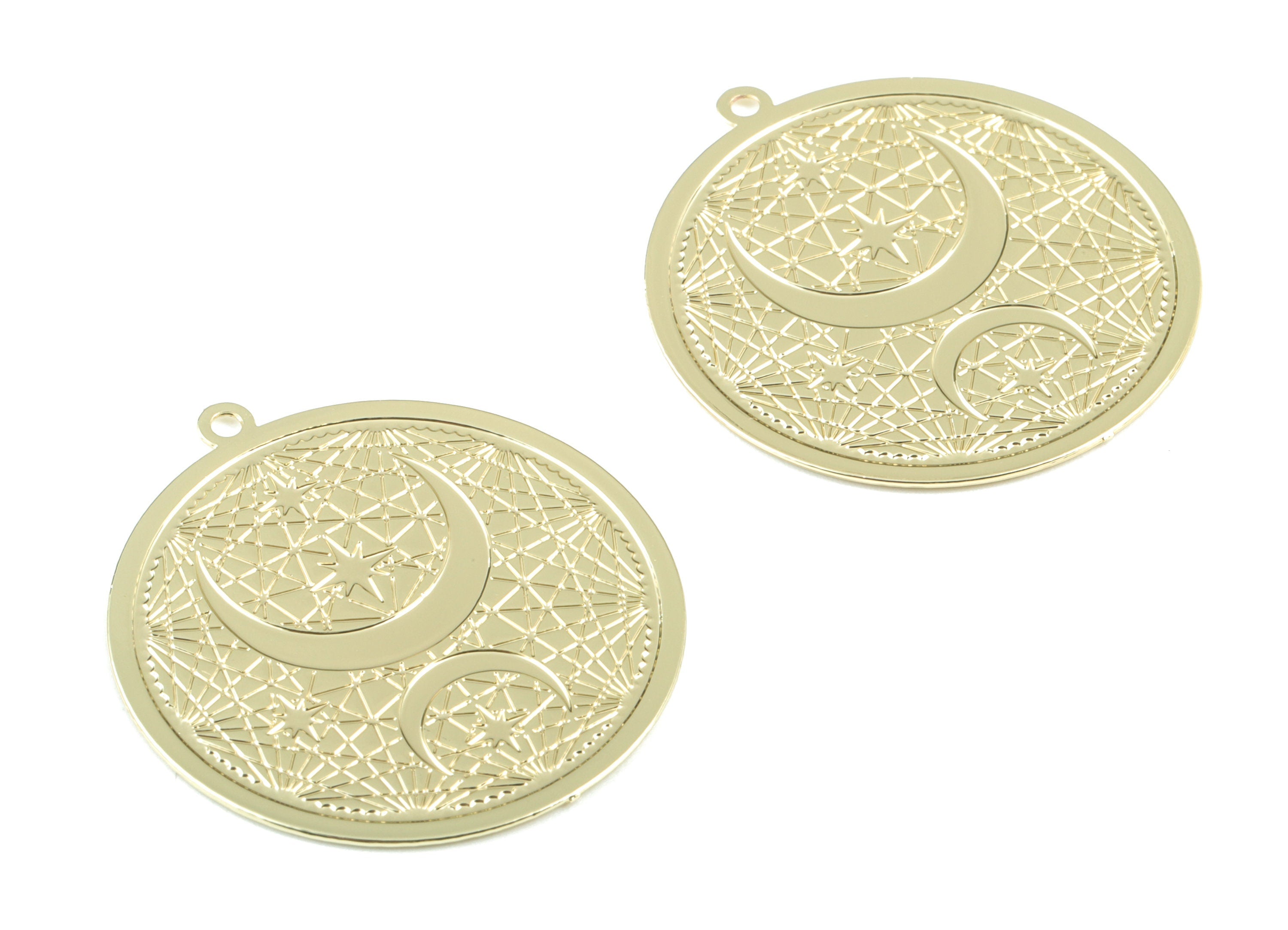 Gold Crescents Circle Earring Charms - KC Gold Tone Plated Round Moon Pendant - Jewelry Supplies - 32.46x30.21x0.42mm - JJB6517KCG - DOMEDBAZAAR