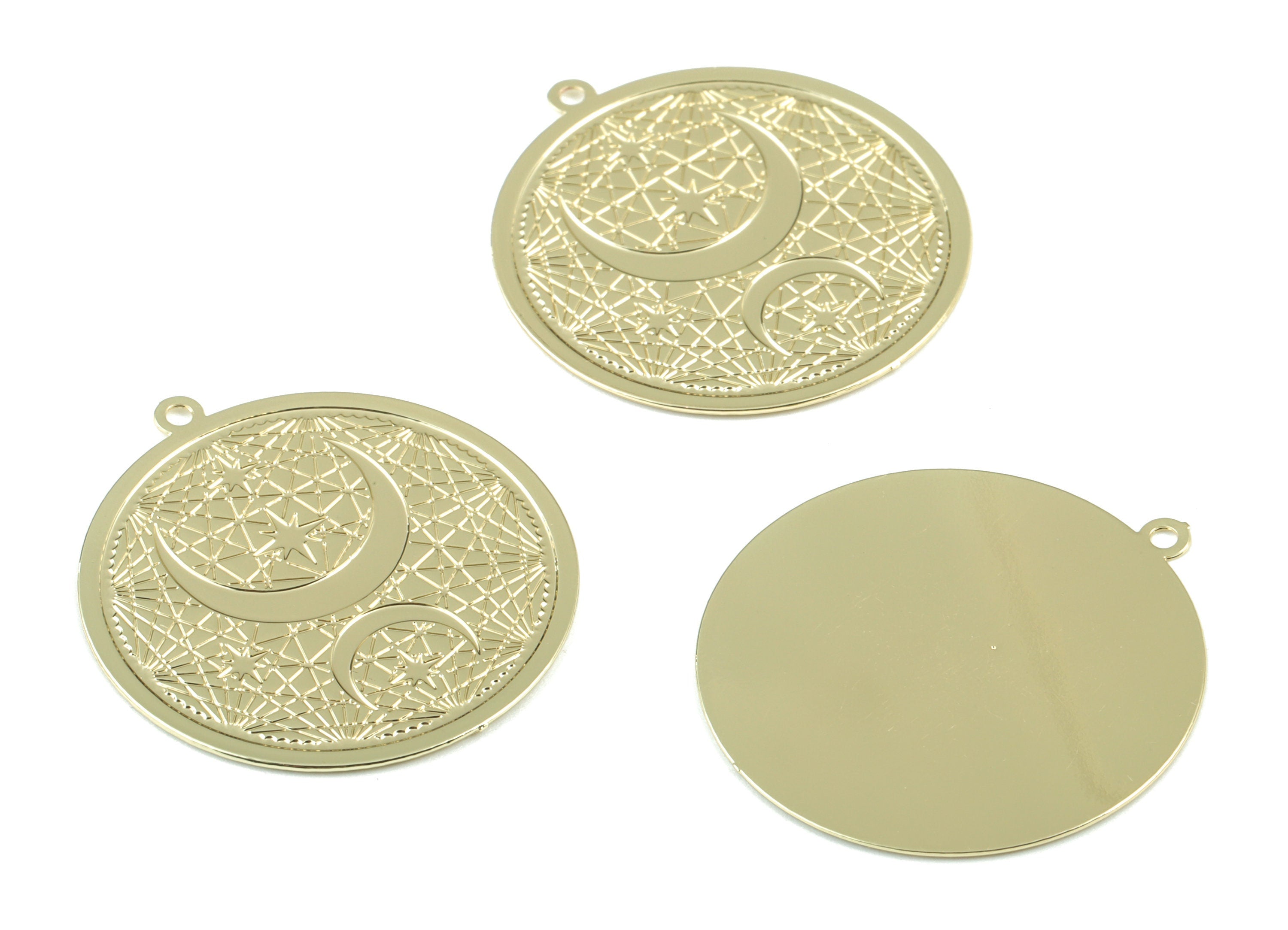 Gold Crescents Circle Earring Charms - KC Gold Tone Plated Round Moon Pendant - Jewelry Supplies - 32.46x30.21x0.42mm - JJB6517KCG - DOMEDBAZAAR
