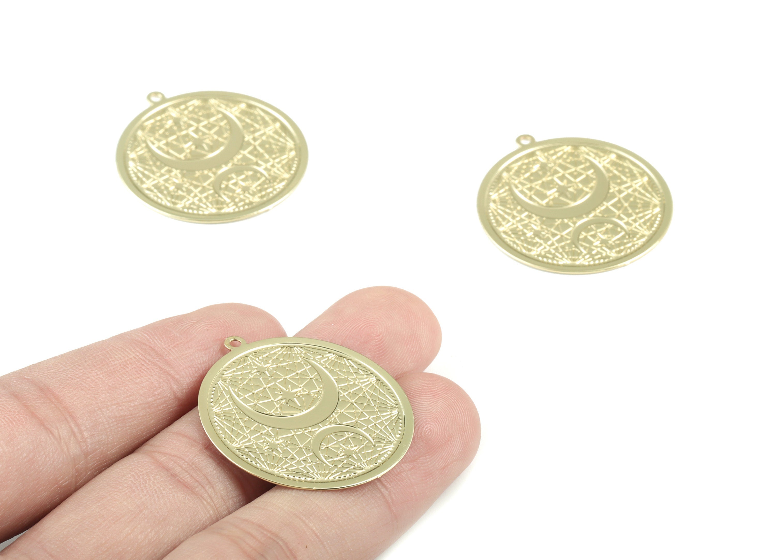 Gold Crescents Circle Earring Charms - KC Gold Tone Plated Round Moon Pendant - Jewelry Supplies - 32.46x30.21x0.42mm - JJB6517KCG - DOMEDBAZAAR