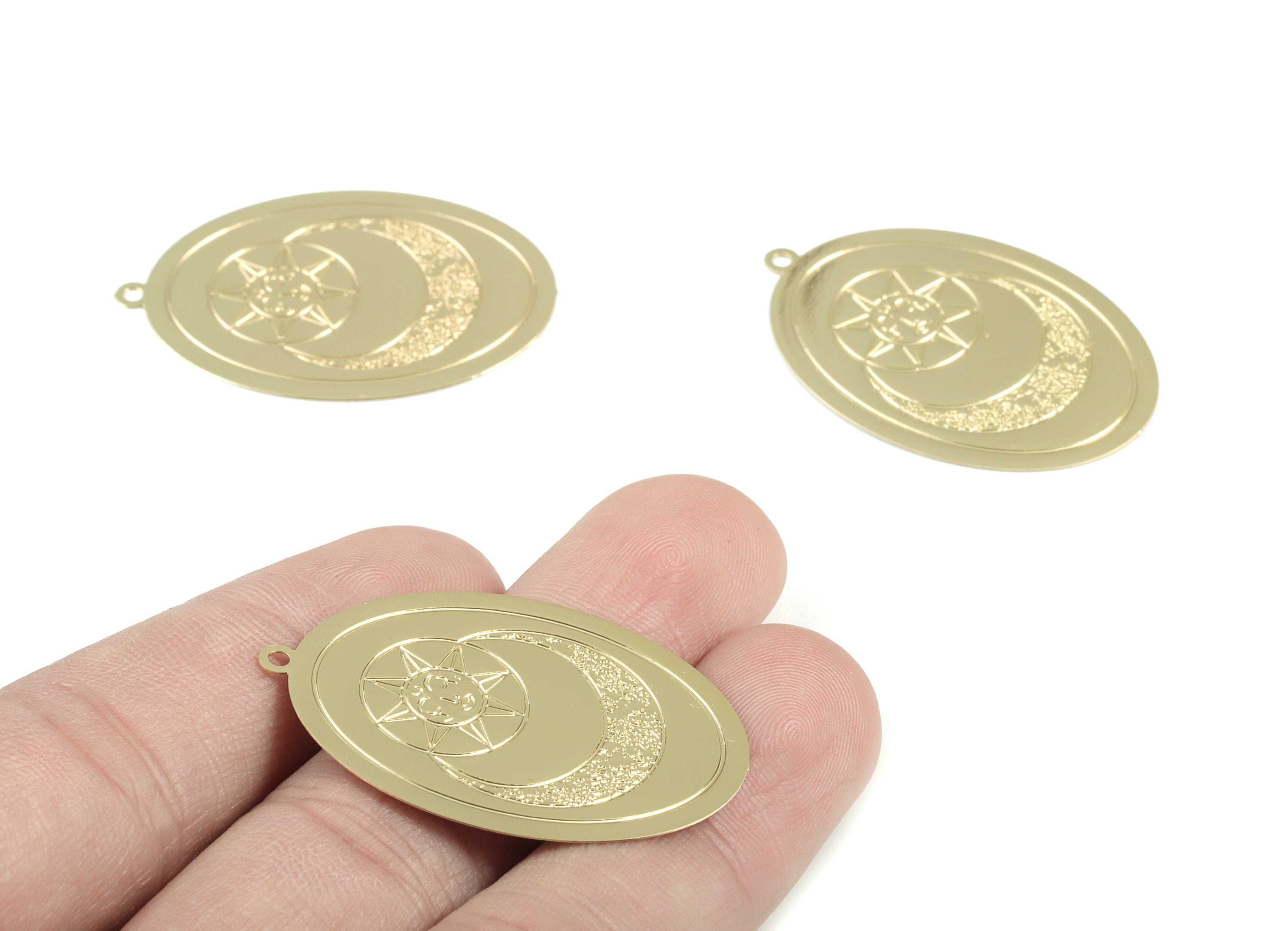 Gold Moon Star Circle Pendant - KC Gold Tone Plated Brass Crescent Star Face Earring Charms - Jewelry Supplies - 38.2x26x0.33mm - JJB6518KCG - DOMEDBAZAAR