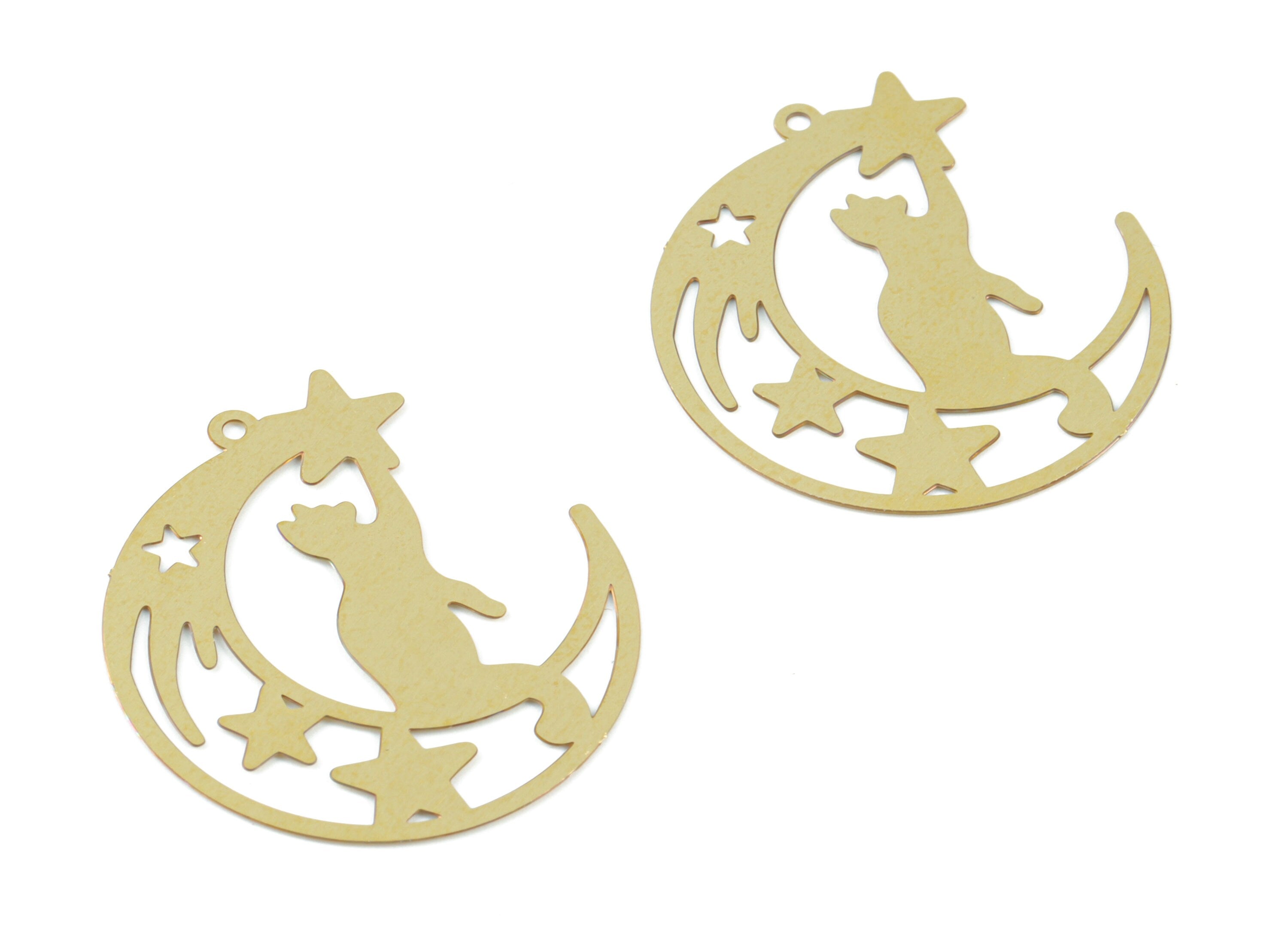 Brass Crescent Star Cat Pendant - Raw Brass Crescent Cat Earring Charms - Earring Findings - Jewelry Supplies - 32.32x29.41x0.27mm - JJB6491 - DOMEDBAZAAR
