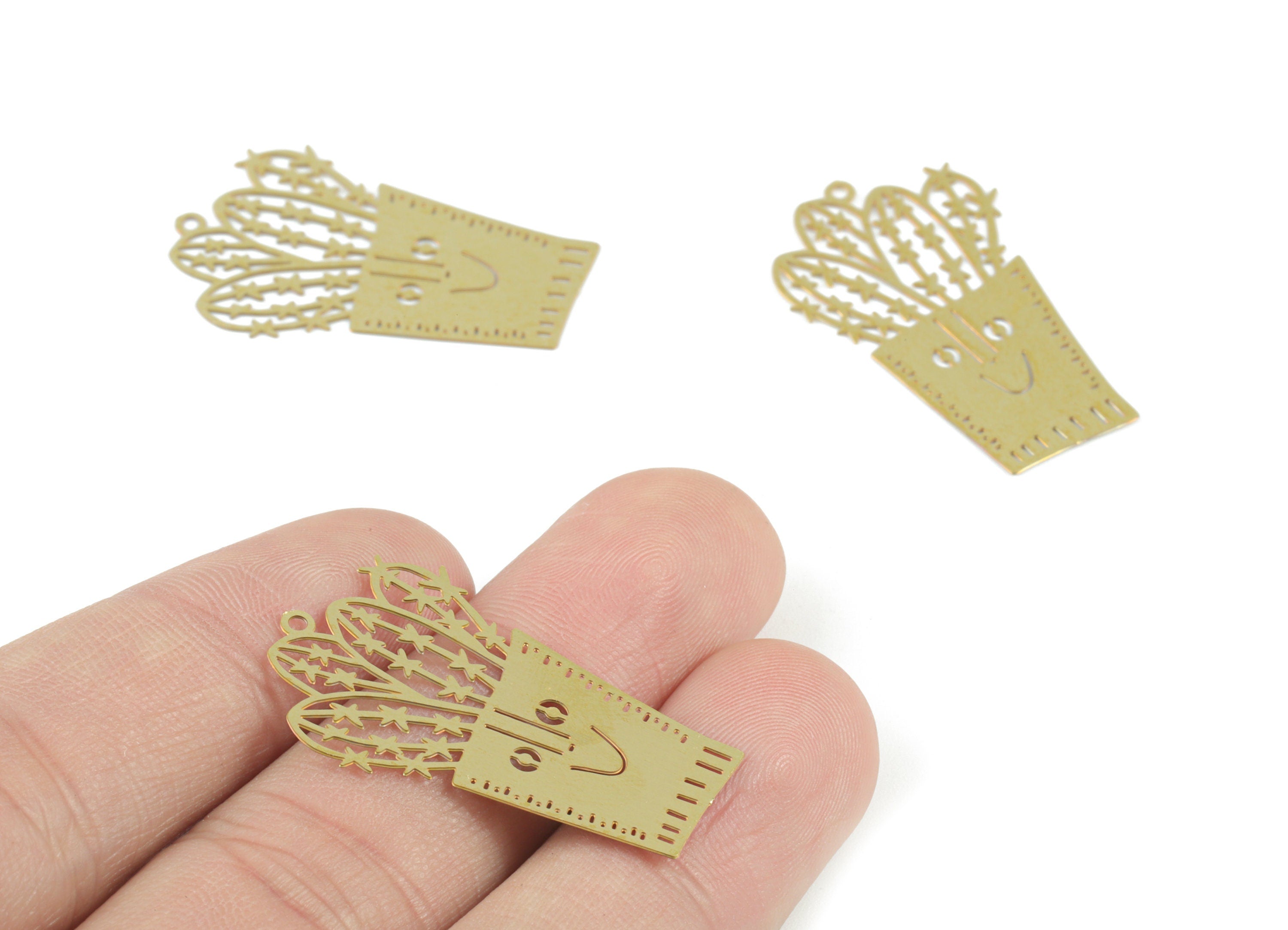 Brass Cactus Earring Charms - Raw Brass Cactus Flower Pot Charms - Earring Findings - Jewelry Supplies - 33.15x20.99x0.29mm - JJB6490 - DOMEDBAZAAR