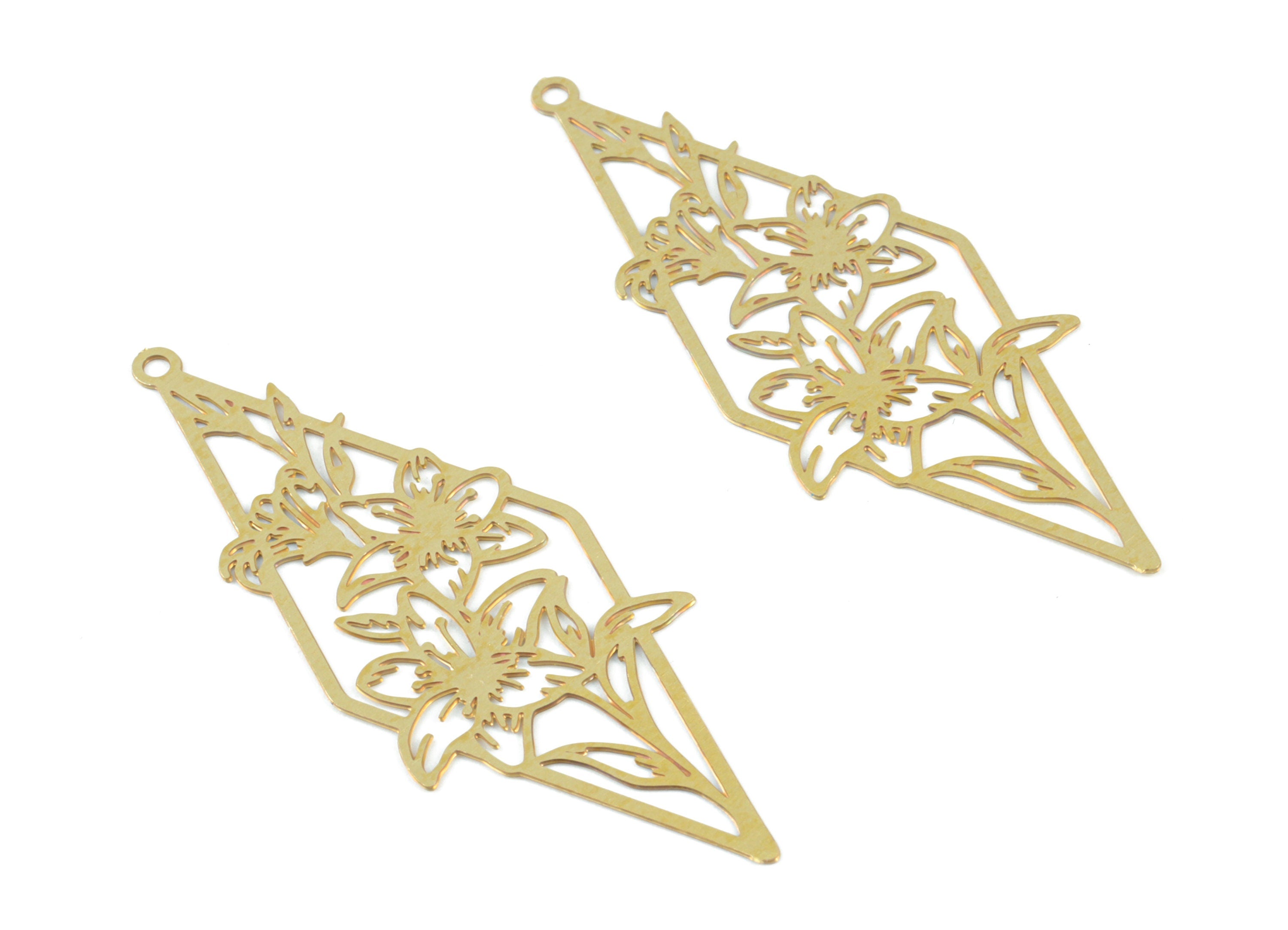 Brass Rhombus Flower Pendant - Raw Brass Flower Earring Charms - Earring Findings - Jewelry Supplies - 43.96x16.6x0.27mm - JJB6497 - DOMEDBAZAAR