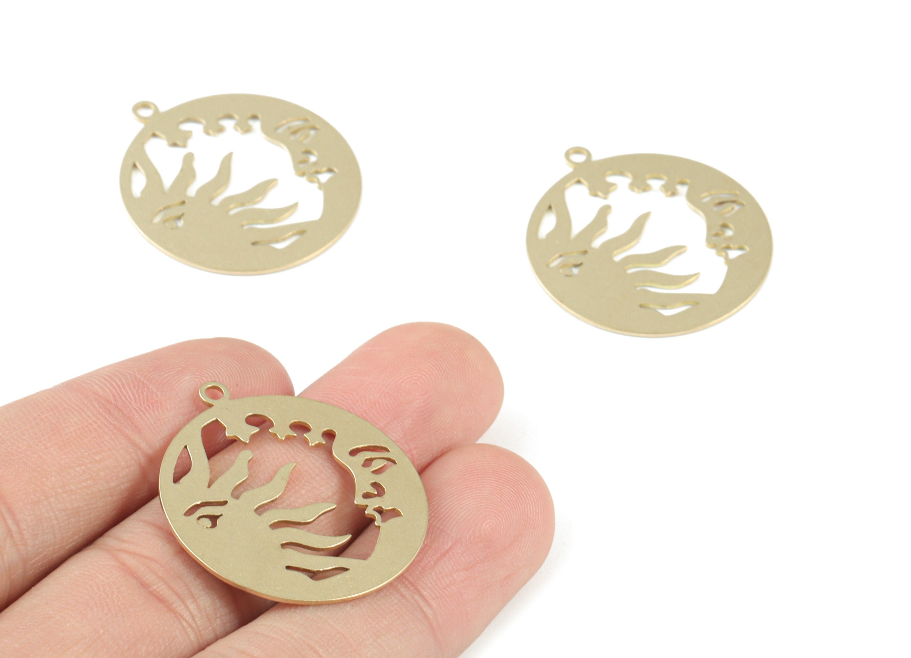 Brass Crescent Sun Faces Pendant - Raw Brass Moon Sun Earring Charms - Jewelry Making Supplies - 31.78x28.41x0.71mm - PPM3762 - DOMEDBAZAAR