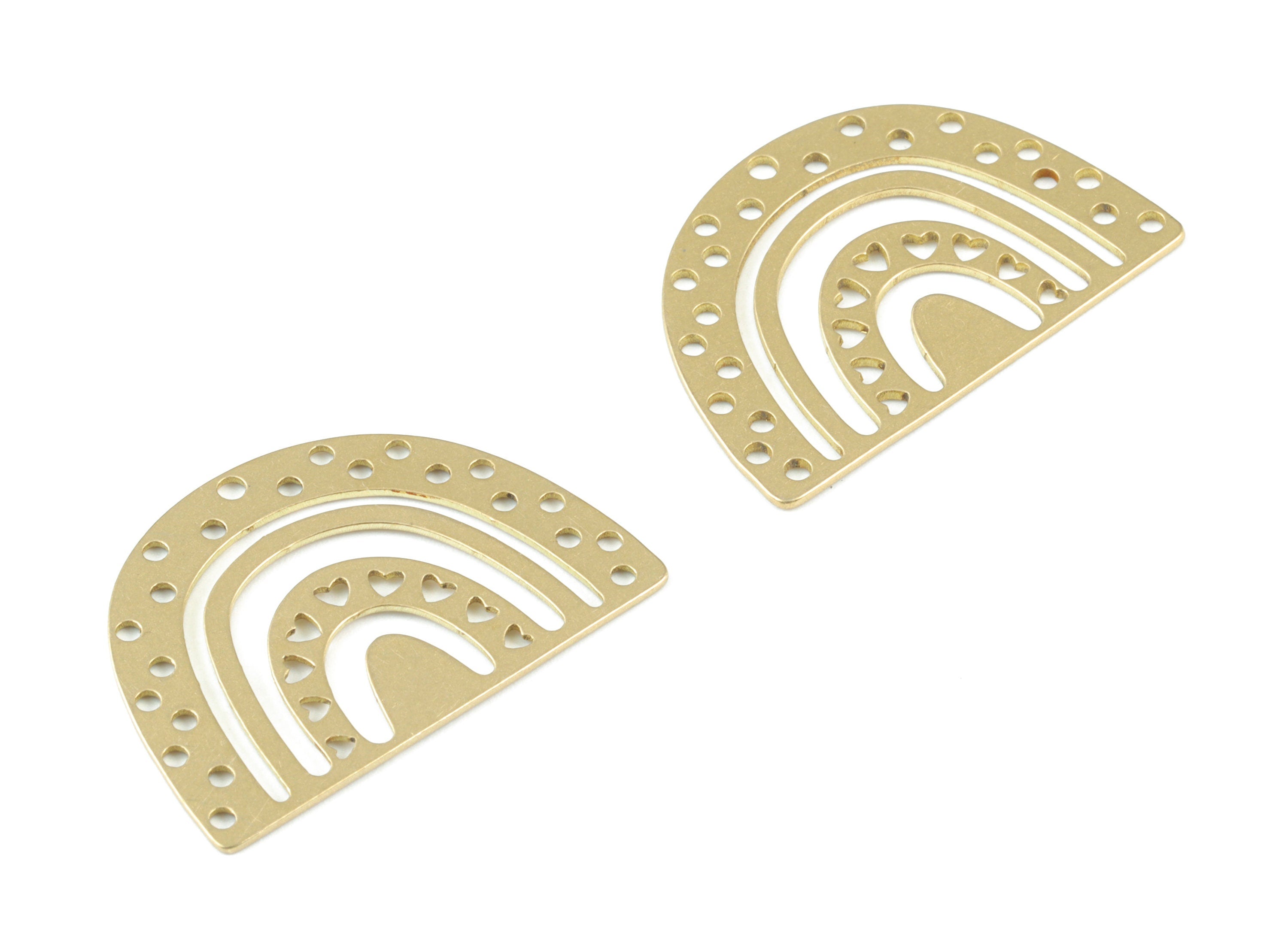 Brass Semicircle Hearts Pendant - Raw Brass Half Moon Earring Charms - Jewelry Making Supplies - 30.62x21.28x0.7mm - PPM3773 - DOMEDBAZAAR