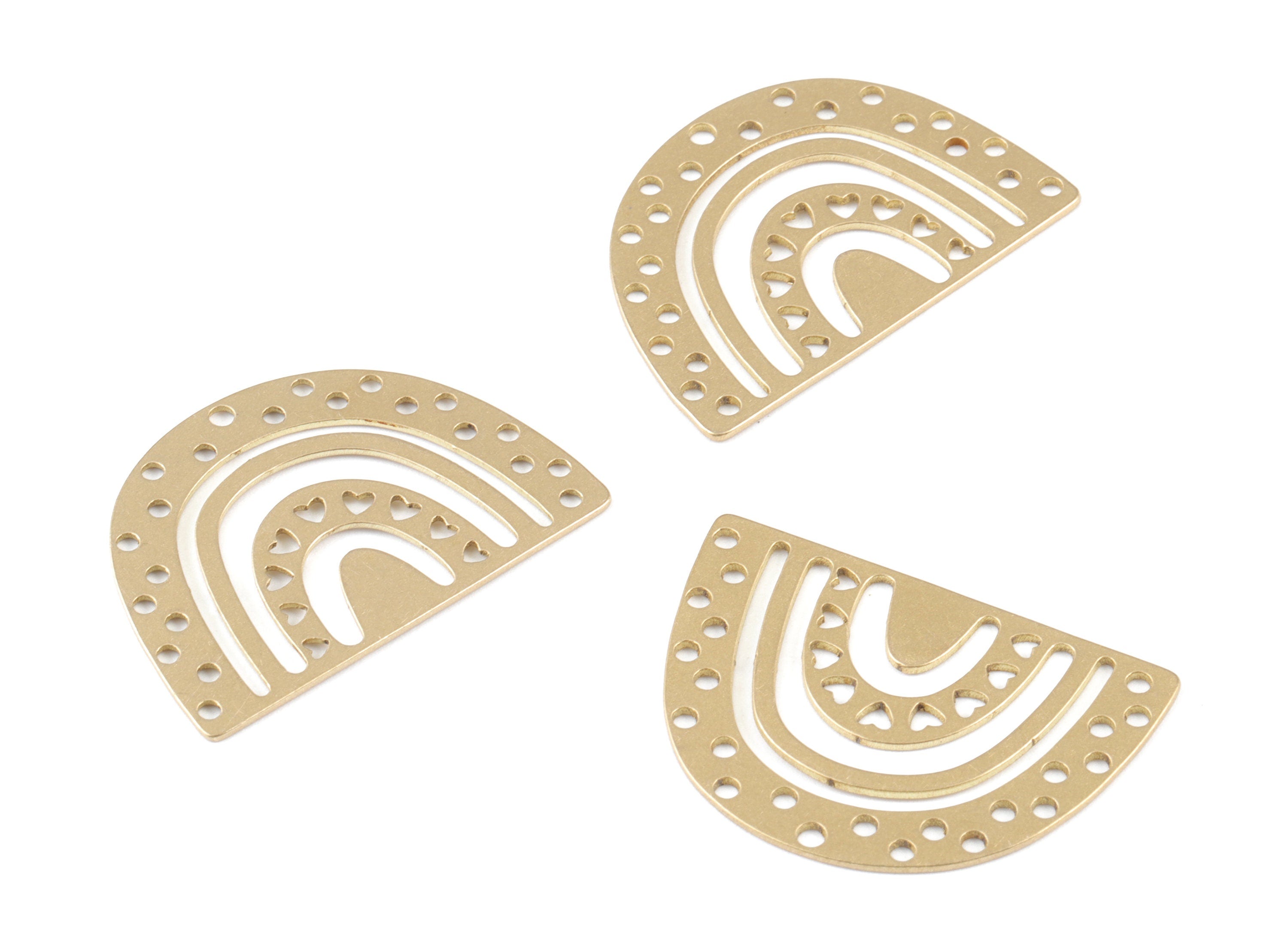 Brass Semicircle Hearts Pendant - Raw Brass Half Moon Earring Charms - Jewelry Making Supplies - 30.62x21.28x0.7mm - PPM3773 - DOMEDBAZAAR