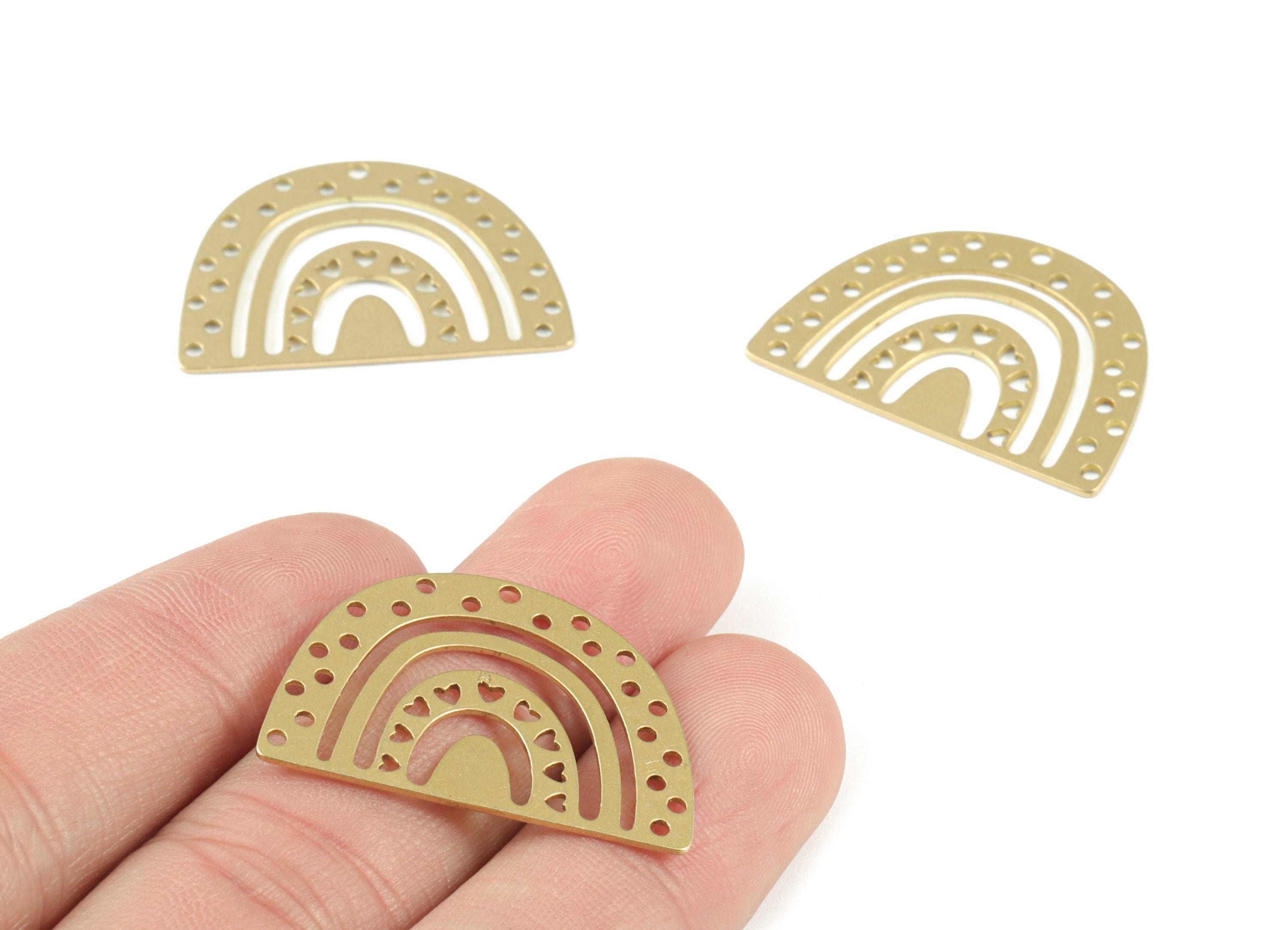 Brass Semicircle Hearts Pendant - Raw Brass Half Moon Earring Charms - Jewelry Making Supplies - 30.62x21.28x0.7mm - PPM3773 - DOMEDBAZAAR