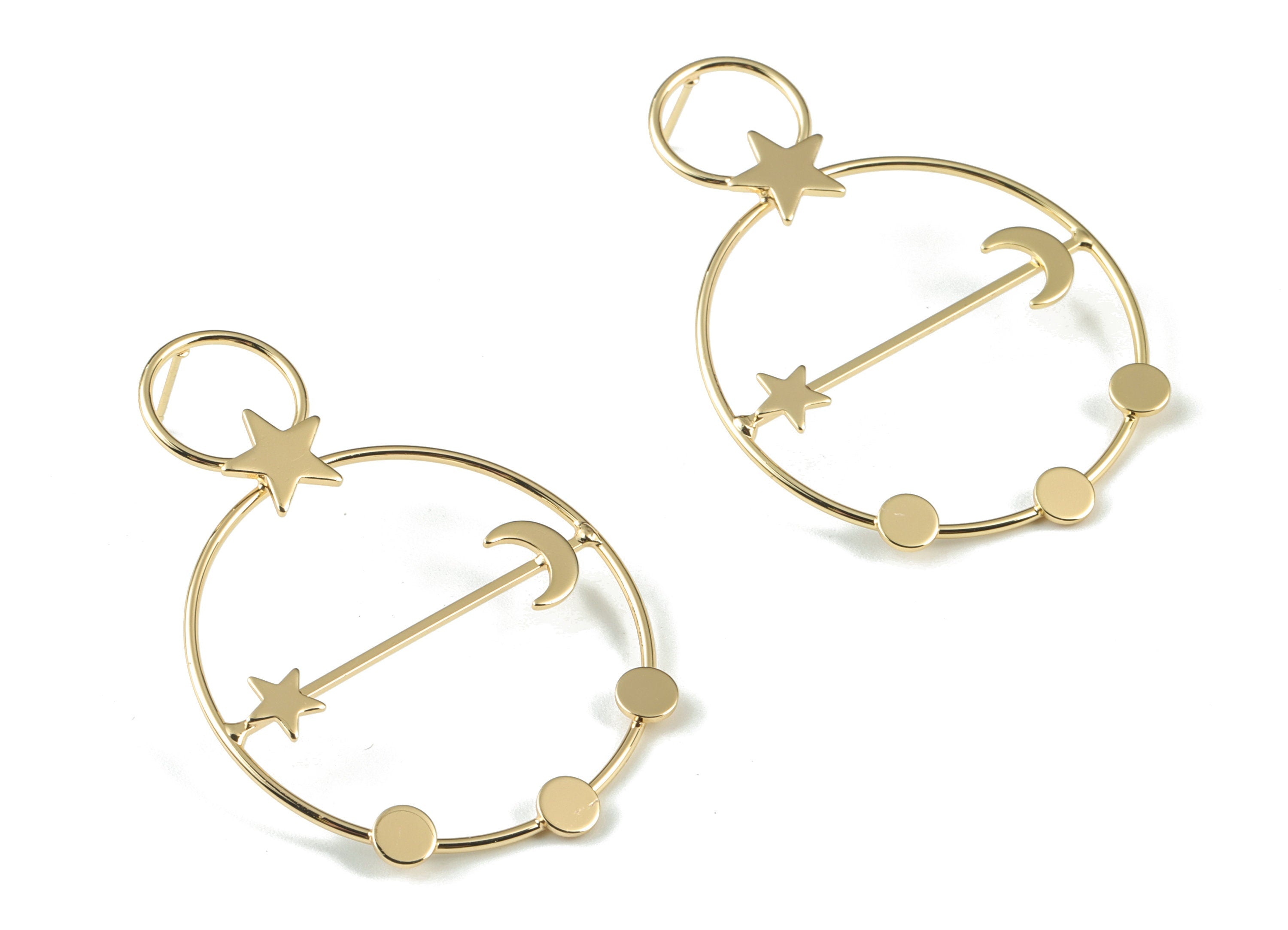 Gold Hoops Stud Earring - 18K Real Gold Brass Stars Moons Earring Post - Jewelry Supplies - 55.06x37.88x12.96mm - RGP2742 - DOMEDBAZAAR