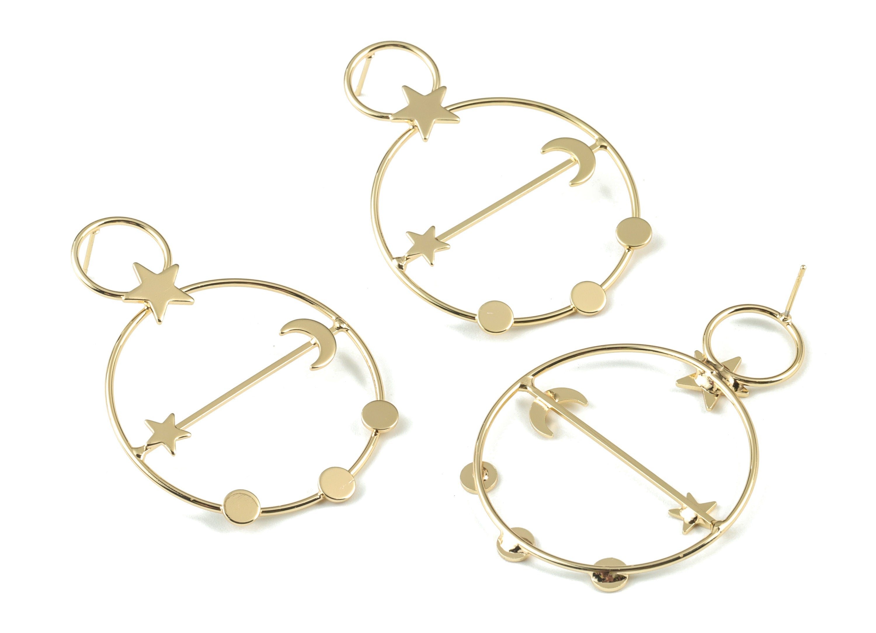 Gold Hoops Stud Earring - 18K Real Gold Brass Stars Moons Earring Post - Jewelry Supplies - 55.06x37.88x12.96mm - RGP2742 - DOMEDBAZAAR
