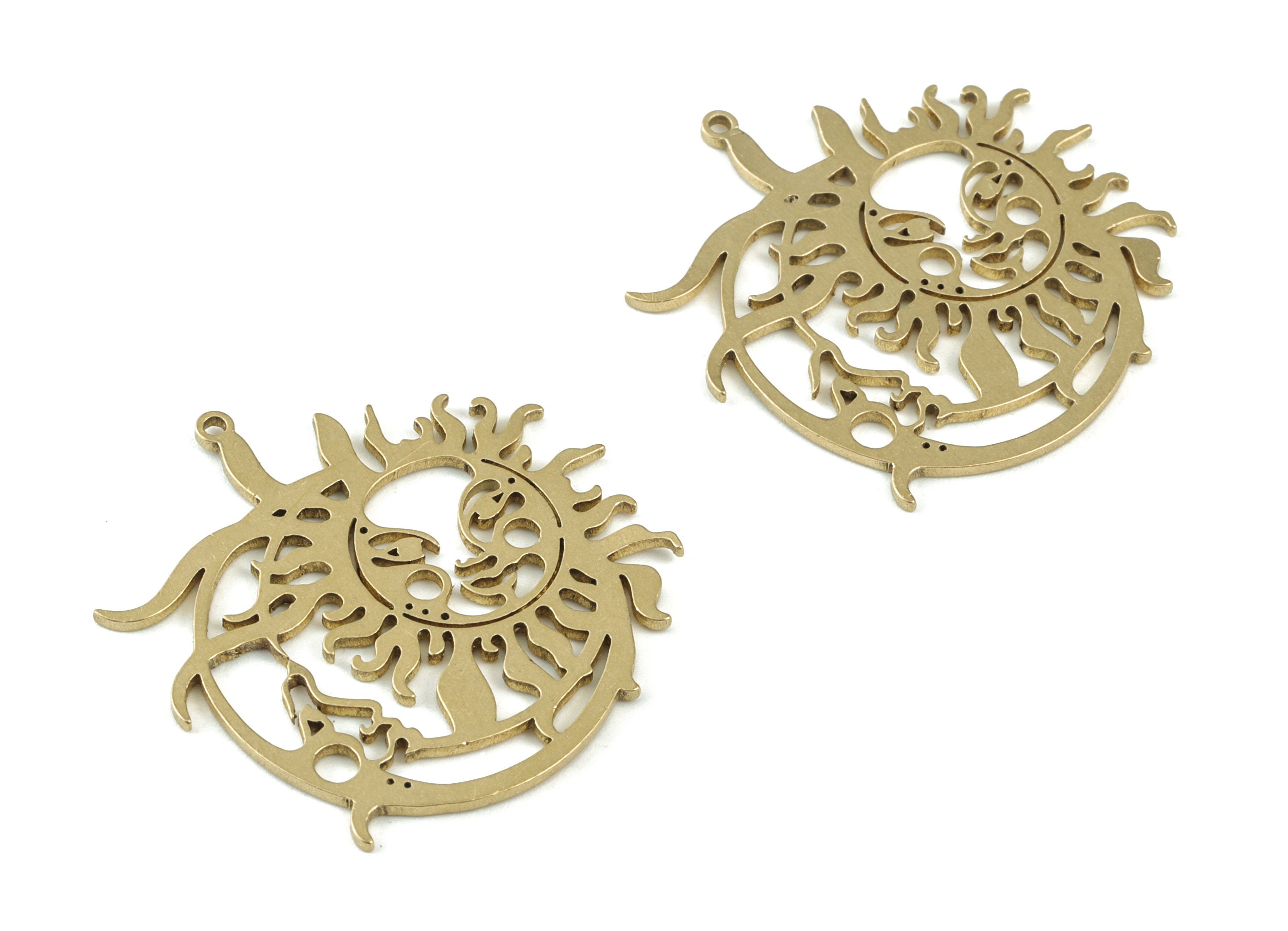 Fire Crescent Sun Faces Pendant - Raw Brass Fire Moon Sun Earring Charms - Jewelry Supplies - 32x32x1mm - PPM3717 - DOMEDBAZAAR