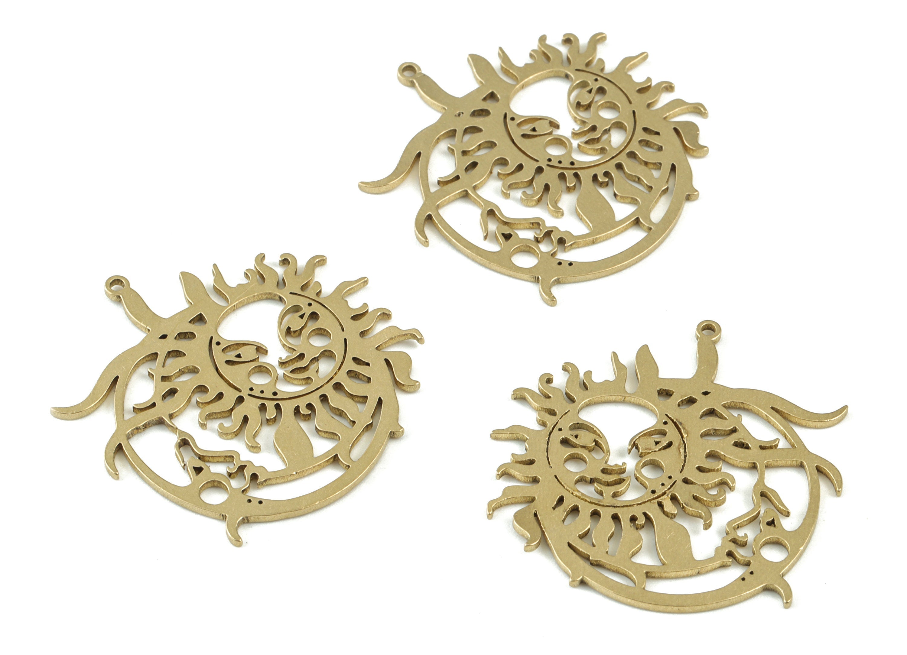 Fire Crescent Sun Faces Pendant - Raw Brass Fire Moon Sun Earring Charms - Jewelry Supplies - 32x32x1mm - PPM3717 - DOMEDBAZAAR