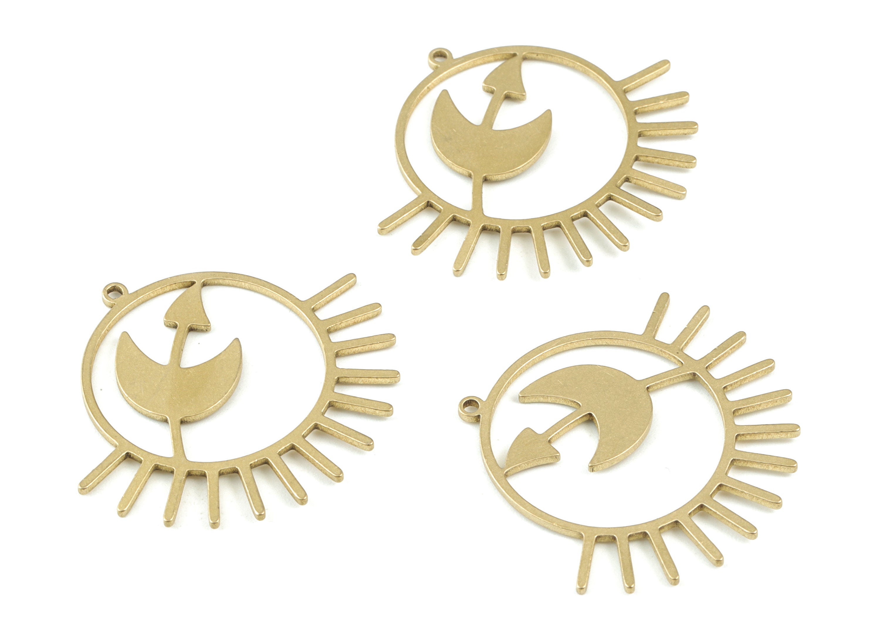 Circle Crescent Sun Pendant - Raw Brass Arrow Moon Sun Earring Charms - Jewelry Making Supplies - 34x30x1.4mm - PPM3502 - DOMEDBAZAAR
