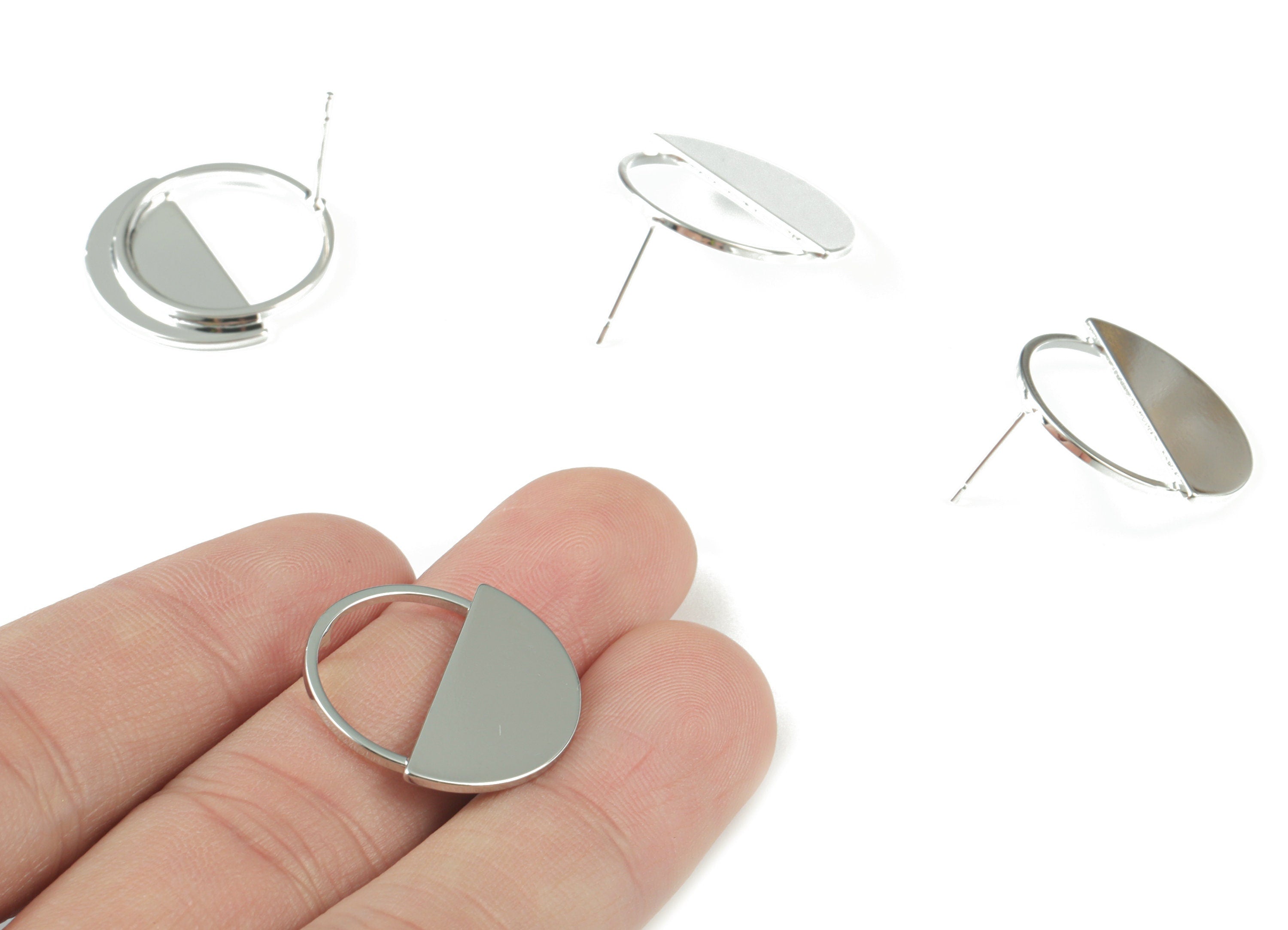 Silver Half Moon Earring Post - 18K Real White Gold Brass Semi Circle Earring Post - 316 Stainless Steel - 21.93x21.63x2.13mm - RGP2604S - DOMEDBAZAAR