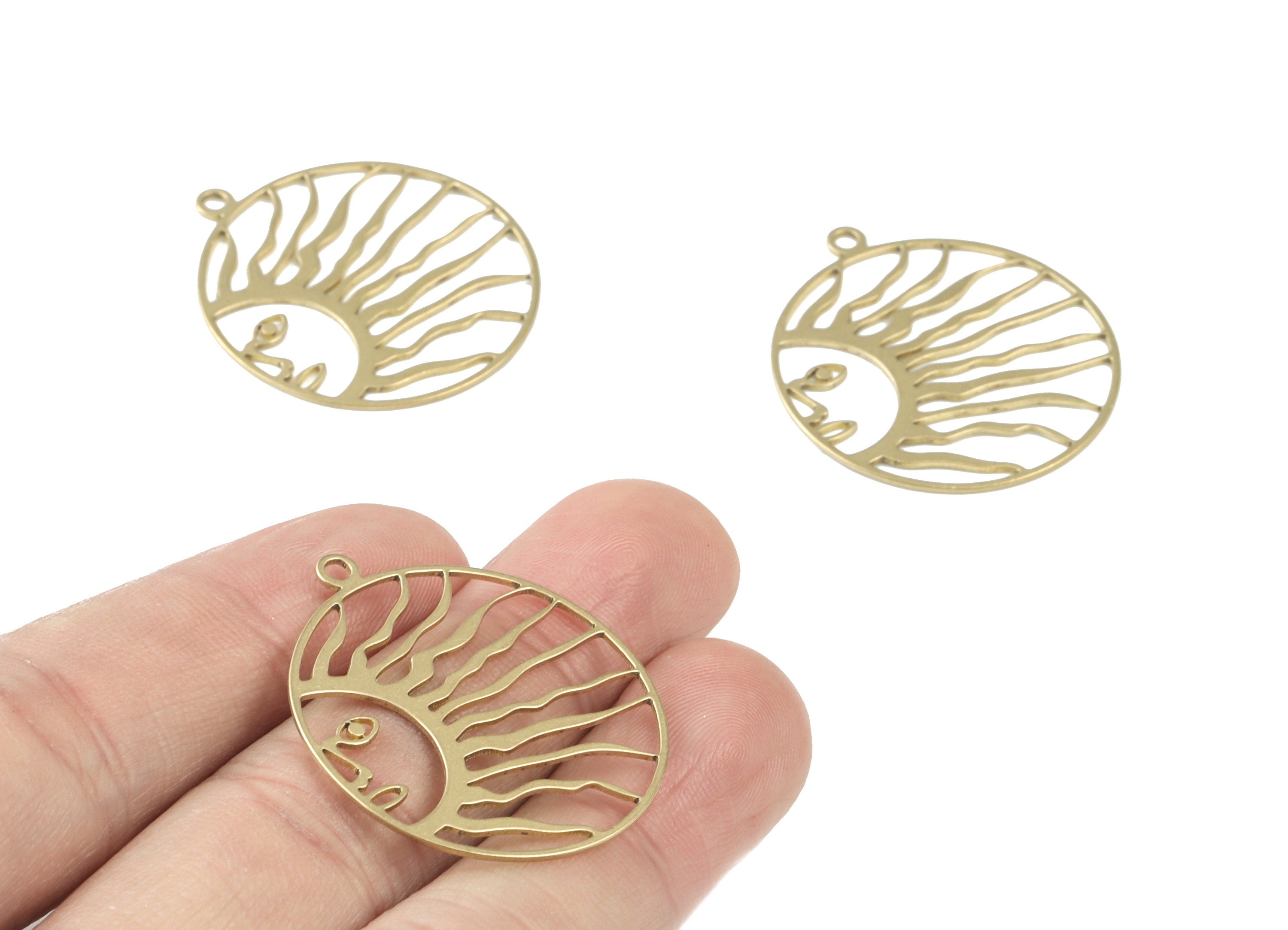 Sunshine Hair Circle Face Pendant - Raw Brass Shine Sun Earring Charms -Sun Round Charm - Jewelry Making Supplies - 33x30x0.8mm - PPM3490 - DOMEDBAZAAR