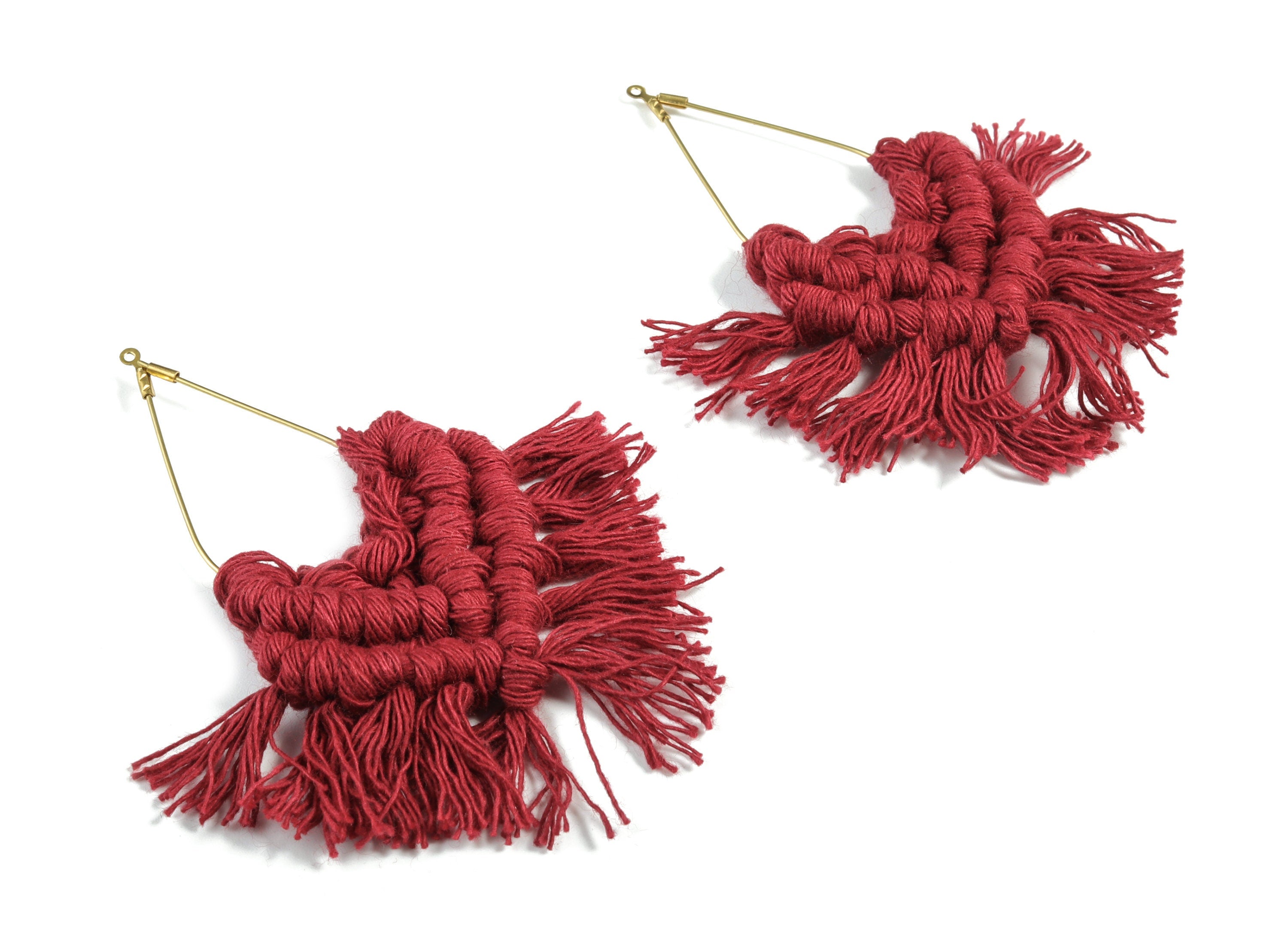 Tassel Earring Charms - Handmade Cotton Bordeaux Earrings - Raw Brass Drop Fringe Earrings - luxe Fan tassel - 83.01x42.63x6.31mm - TS1169C - DOMEDBAZAAR