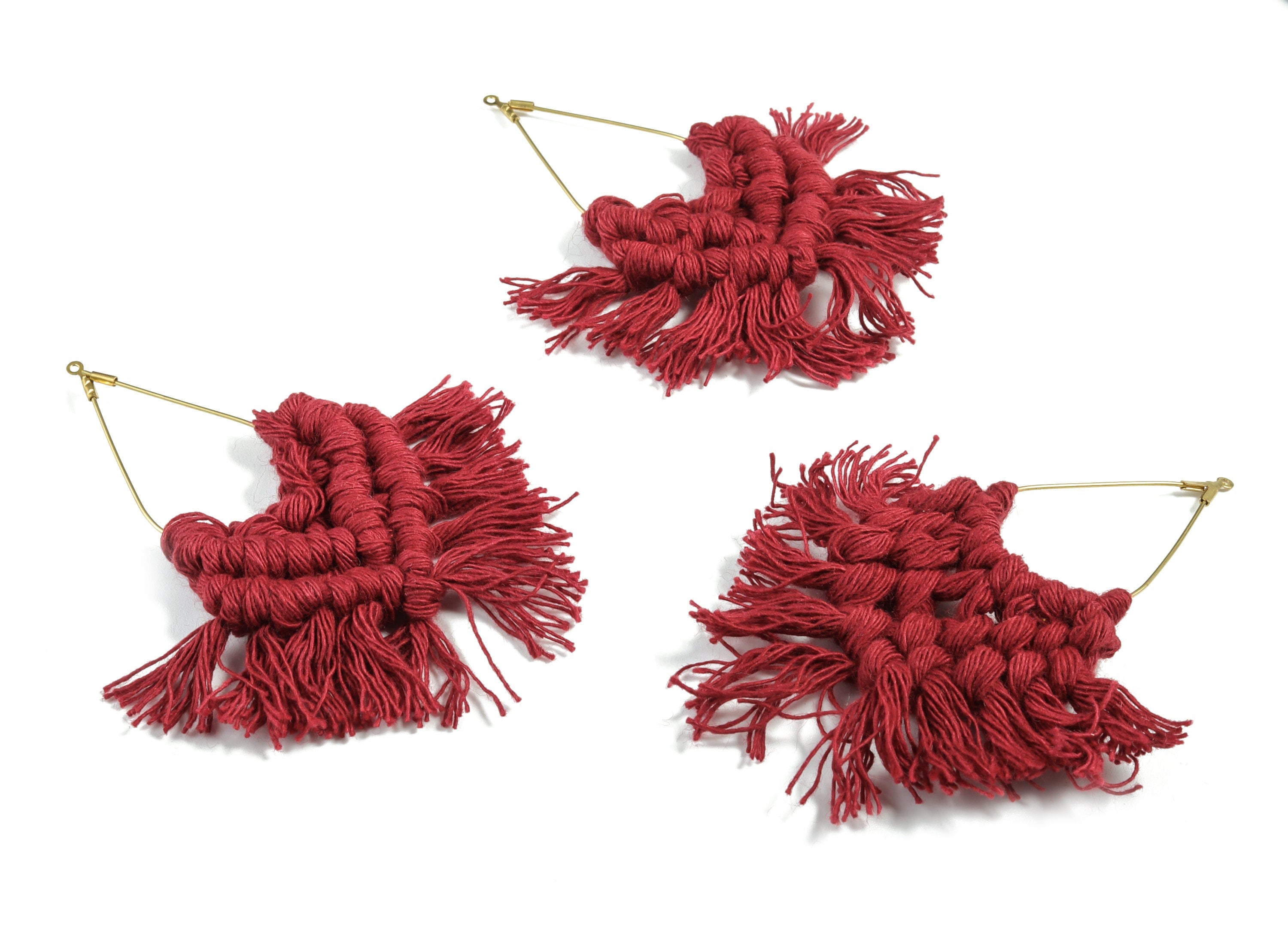 Tassel Earring Charms - Handmade Cotton Bordeaux Earrings - Raw Brass Drop Fringe Earrings - luxe Fan tassel - 83.01x42.63x6.31mm - TS1169C - DOMEDBAZAAR