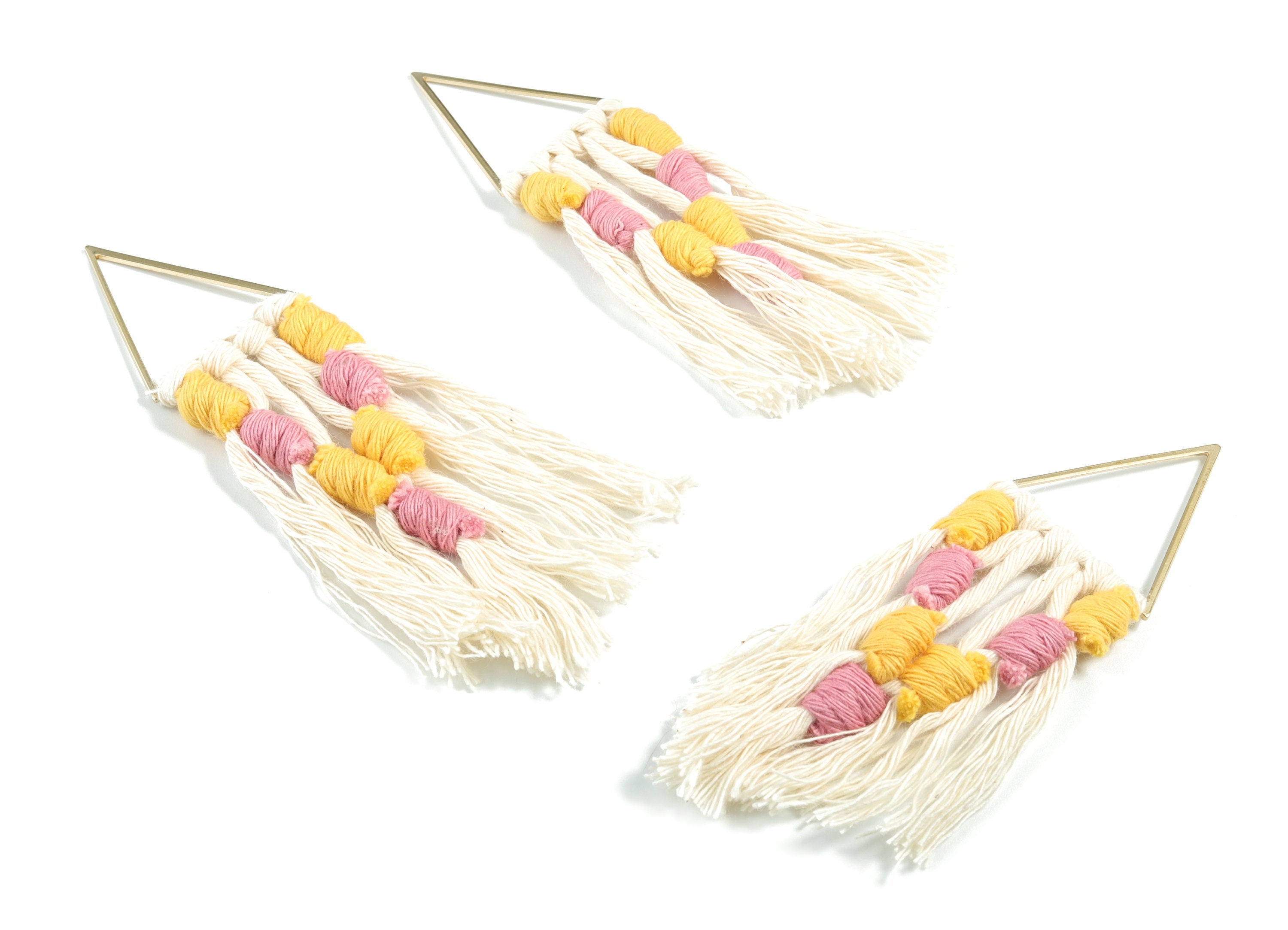 Tassel Earring Charms - Handmade Cotton Yellow Macrame Earrings - Raw Brass Triangle Fringe Earrings - 112.04x30.29x3.39mm - TS1170B - DOMEDBAZAAR