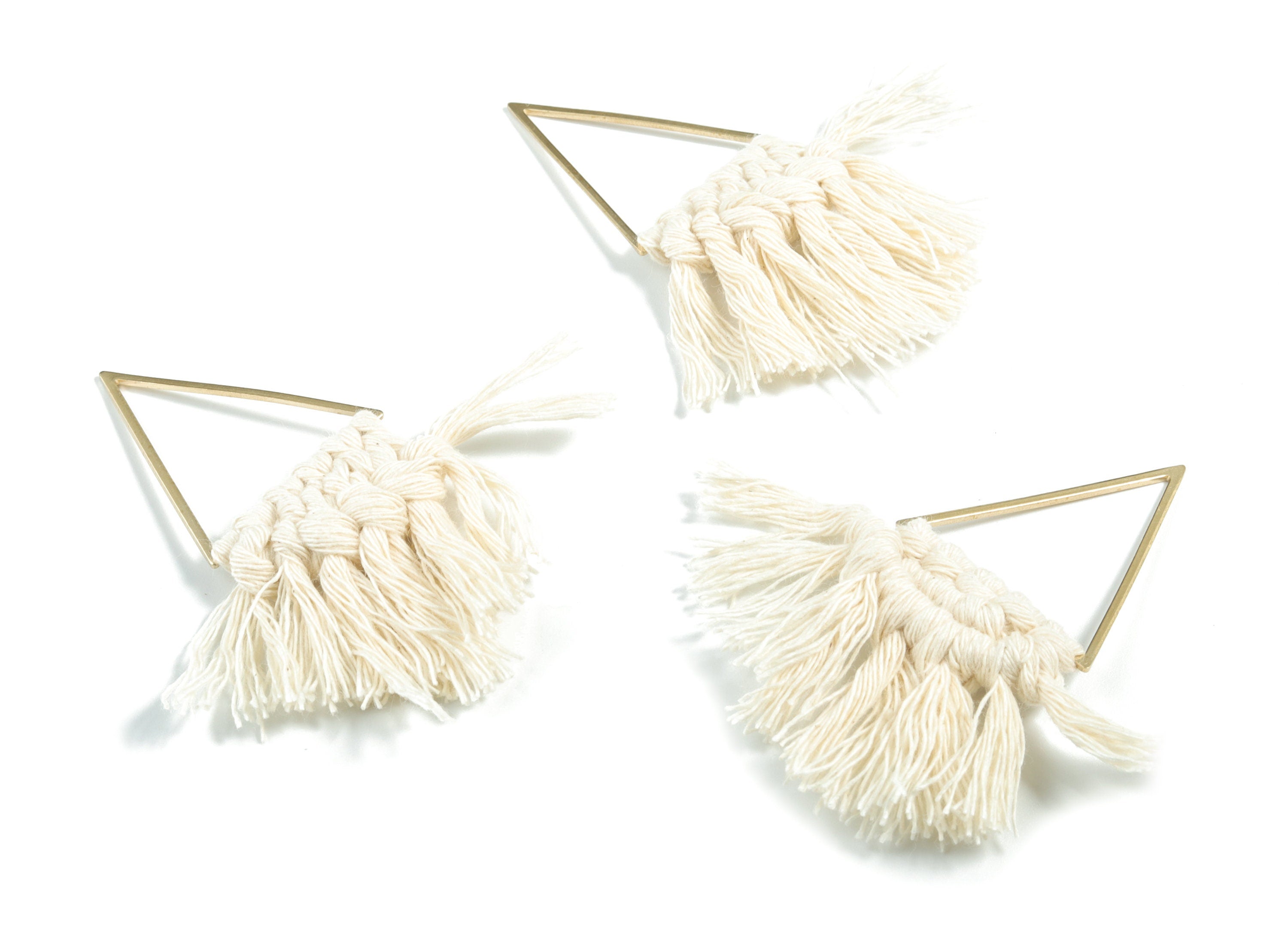 Tassel Earring Charms - Handmade Cotton Cream Macrame Earrings - Raw Brass Triangle Fringe Earrings - 70.81x30.61x6.91mm - TS1173A - DOMEDBAZAAR
