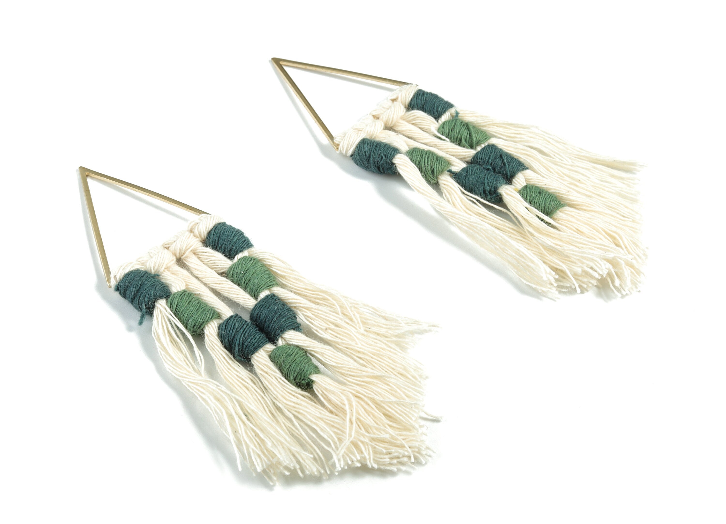 Tassel Earring Charms - Handmade Cotton Green Macrame Earrings - Raw Brass Triangle Fringe Earrings - 112.04x30.29x3.39mm - TS1170A - DOMEDBAZAAR
