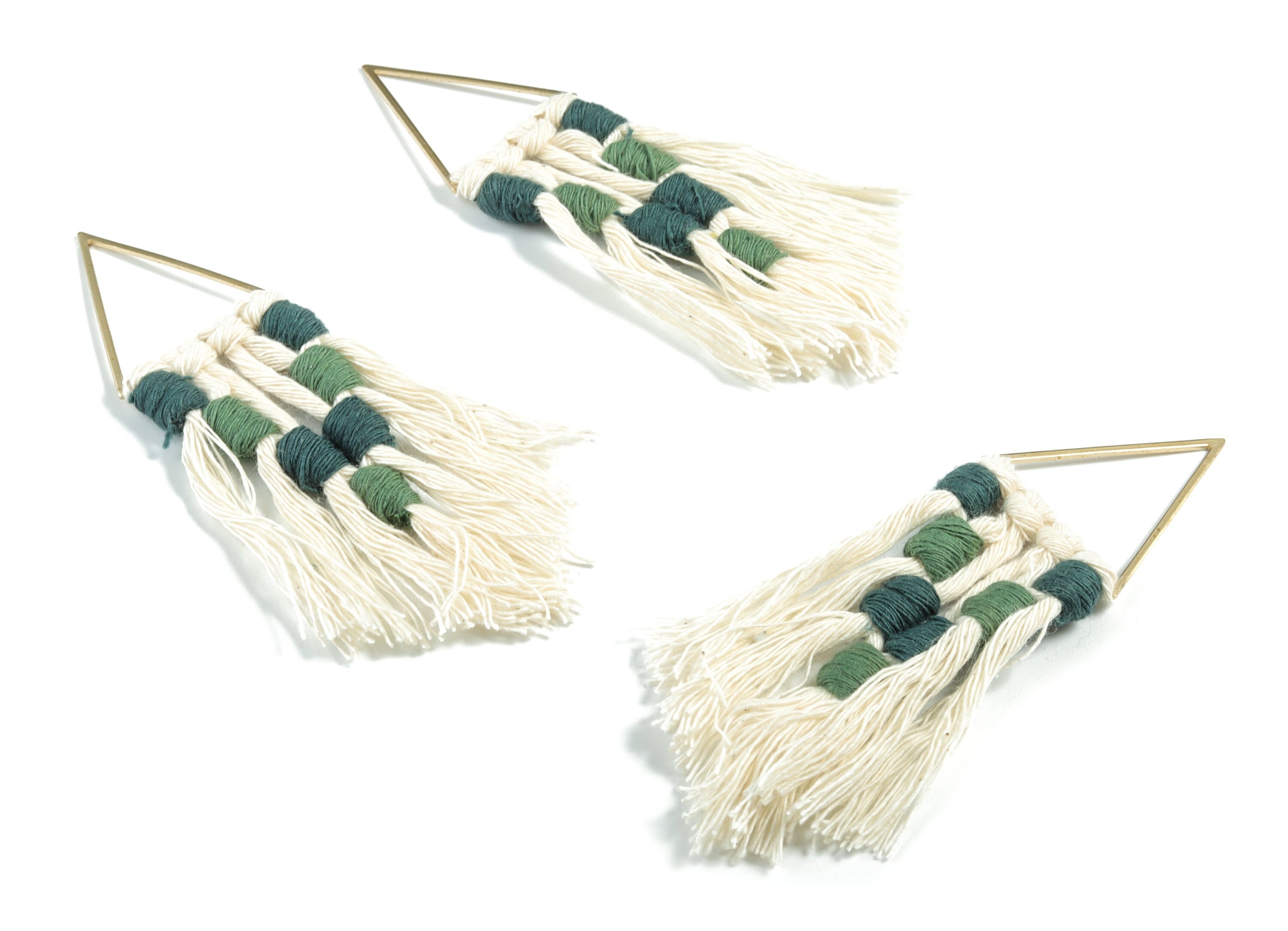 Tassel Earring Charms - Handmade Cotton Green Macrame Earrings - Raw Brass Triangle Fringe Earrings - 112.04x30.29x3.39mm - TS1170A - DOMEDBAZAAR