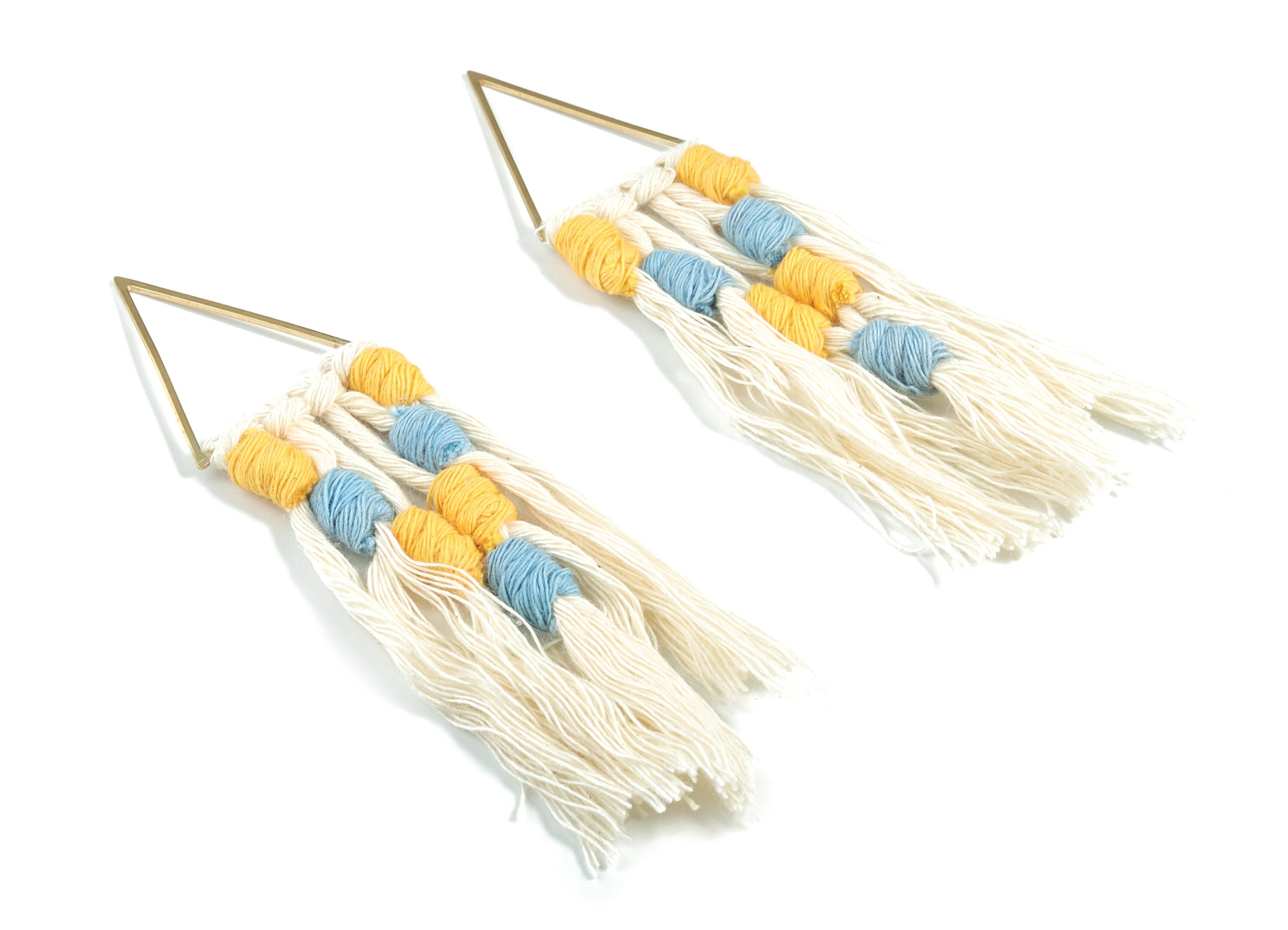 Tassel Earring Charms - Handmade Cotton Blue Macrame Earrings - Raw Brass Triangle Fringe Earrings - 112.04x30.29x3.39mm - TS1170D - DOMEDBAZAAR