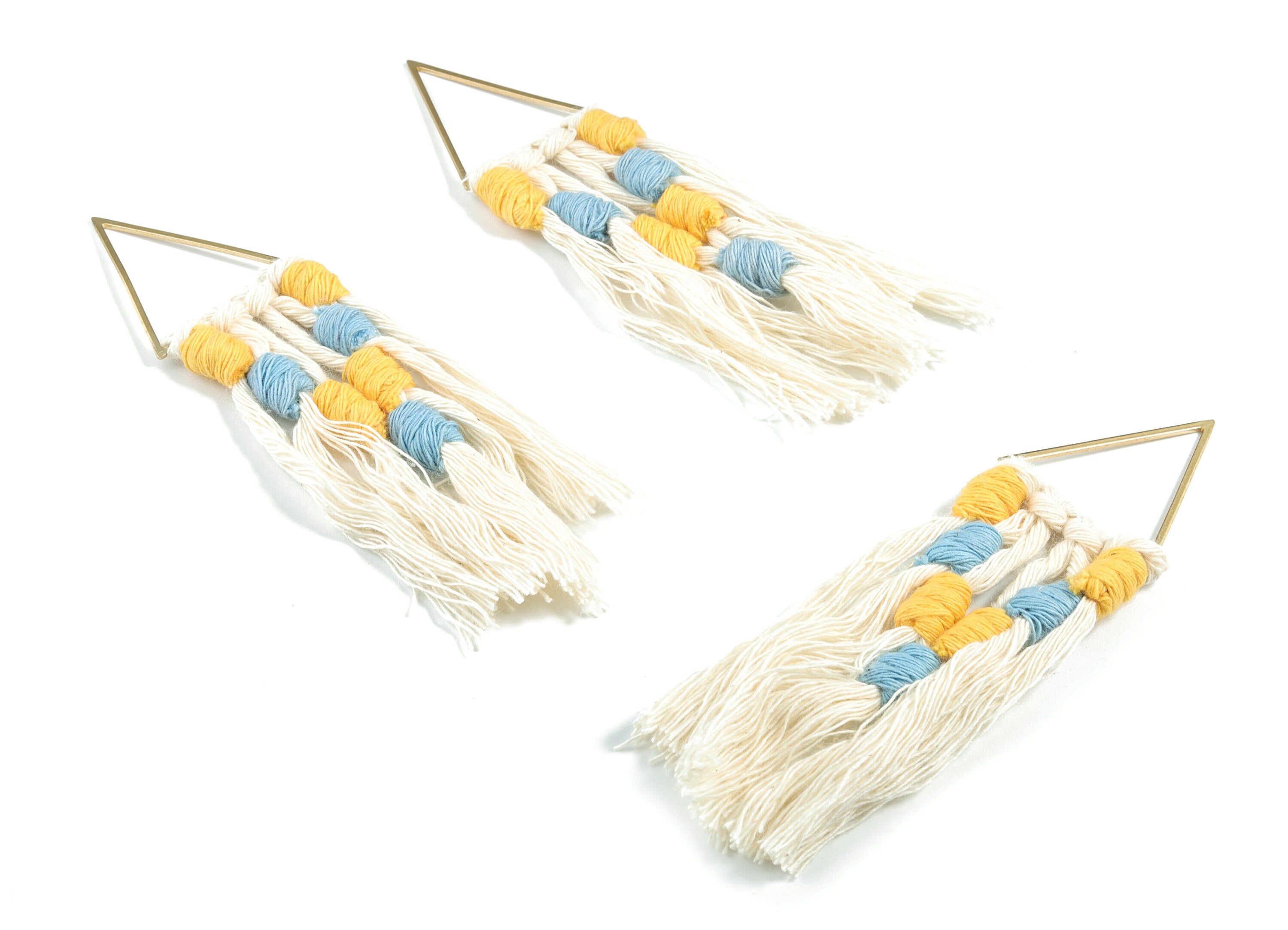 Tassel Earring Charms - Handmade Cotton Blue Macrame Earrings - Raw Brass Triangle Fringe Earrings - 112.04x30.29x3.39mm - TS1170D - DOMEDBAZAAR