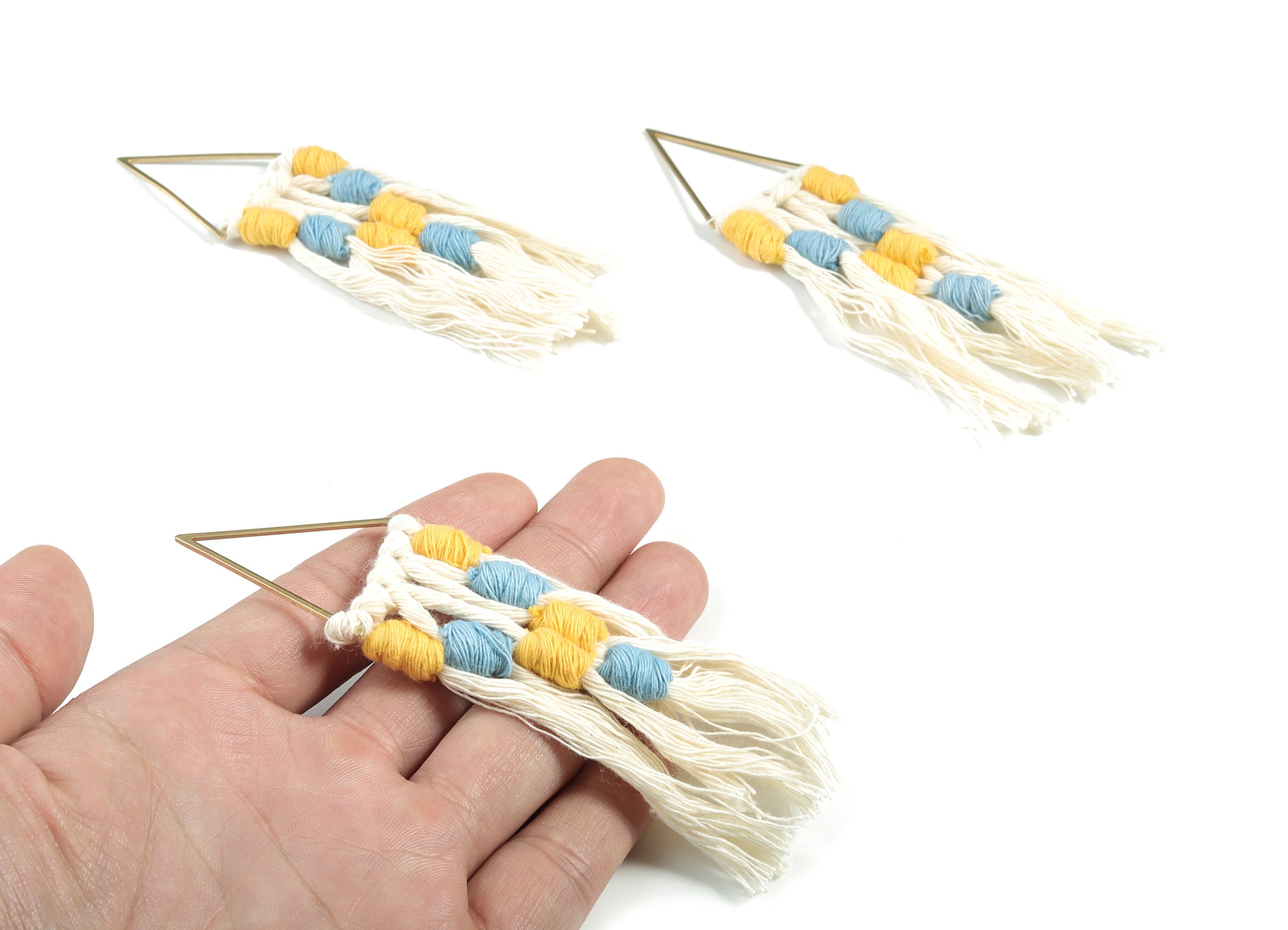 Tassel Earring Charms - Handmade Cotton Blue Macrame Earrings - Raw Brass Triangle Fringe Earrings - 112.04x30.29x3.39mm - TS1170D - DOMEDBAZAAR