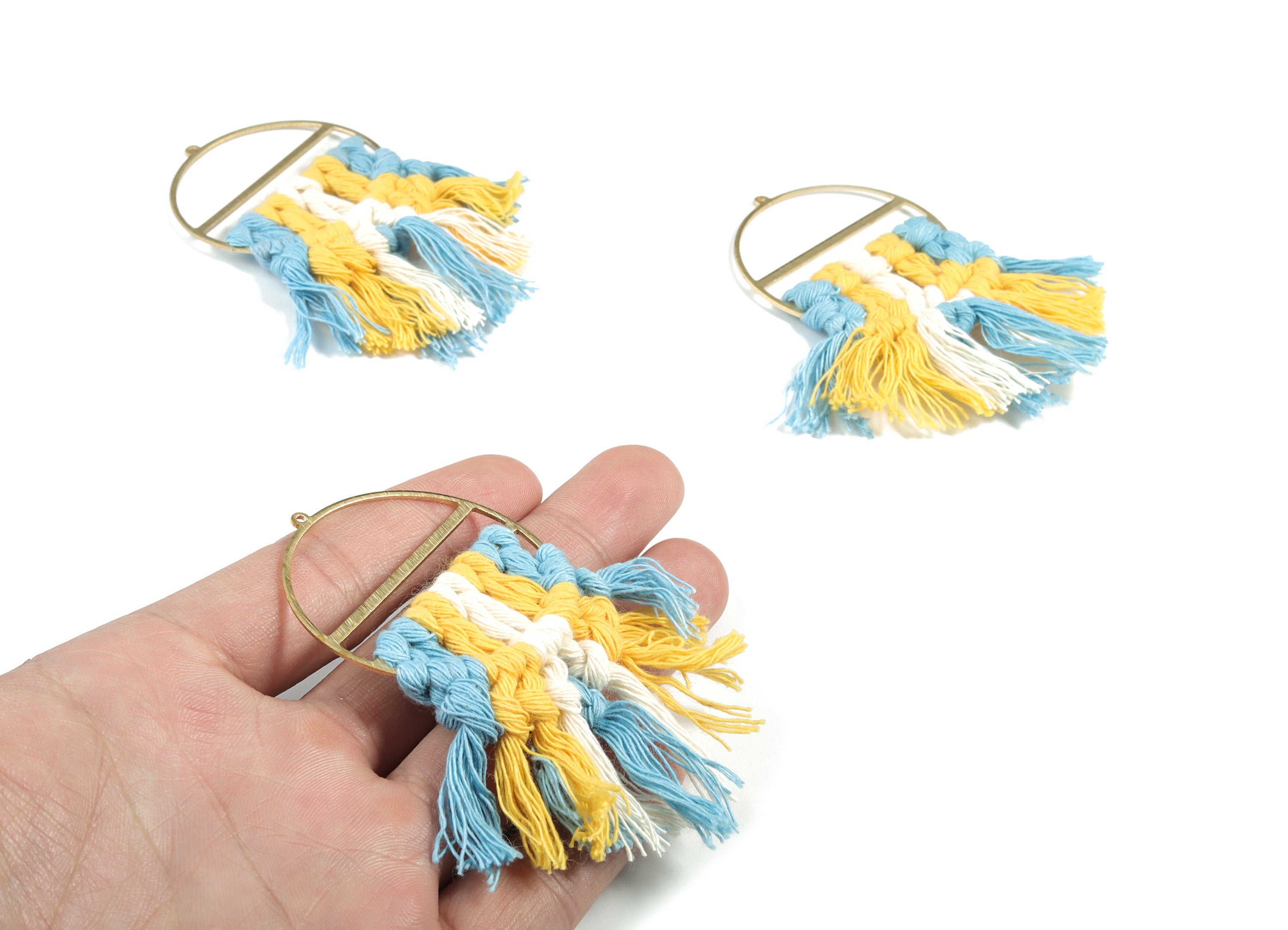 Tassel Earring Charms - Handmade Cotton Blue Macrame Earrings - Raw Brass Round Fringe Earrings - luxe Fan Tassel - 76.89x43x5mm - TS1172B - DOMEDBAZAAR