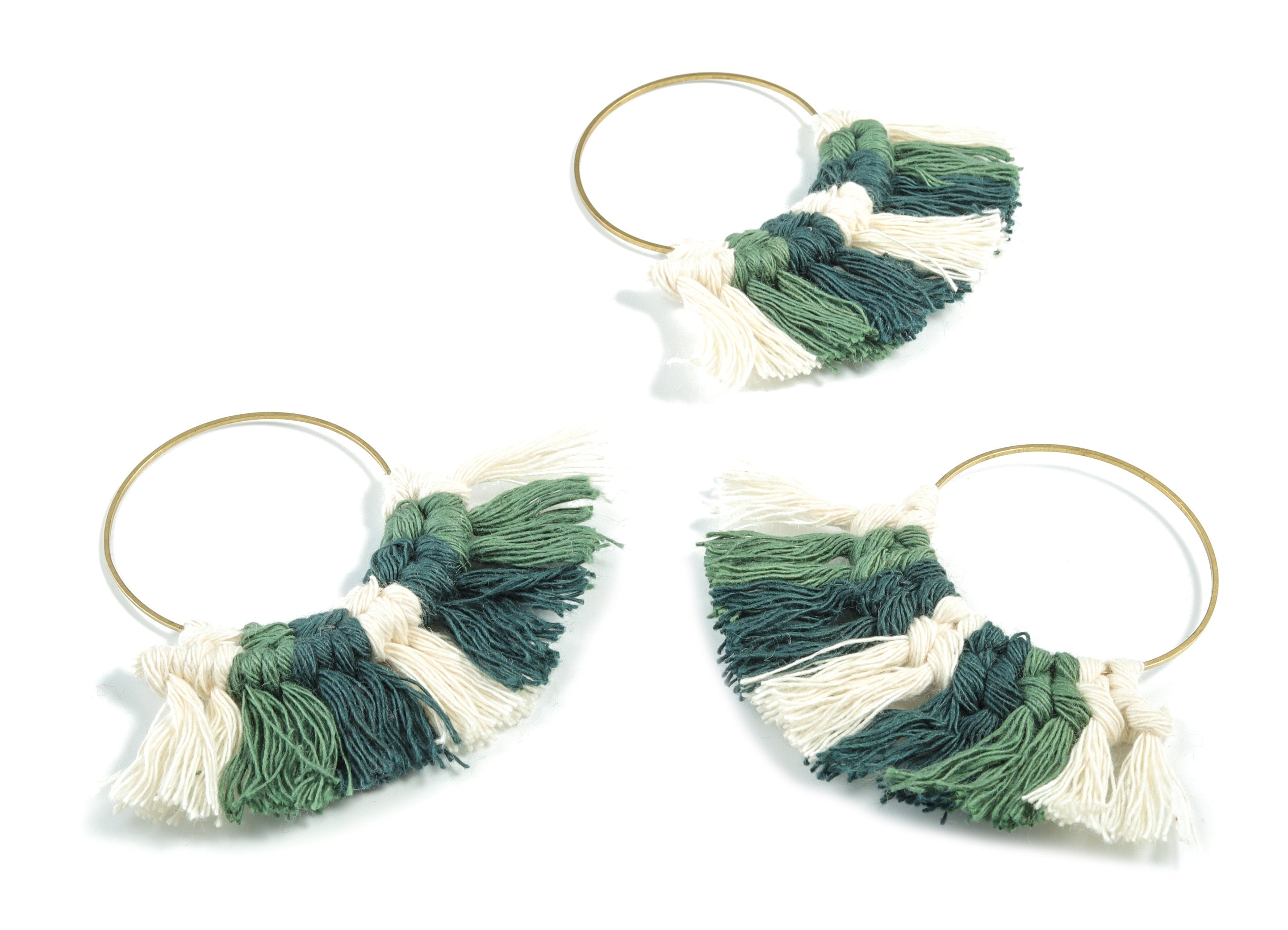 Tassel Earring Charms - Handmade Cotton Green Macrame Earrings - Raw Brass Hoop Fringe Earrings - Luxe Fan Tassel - 67.5x46.4x5mm - TS1171A - DOMEDBAZAAR