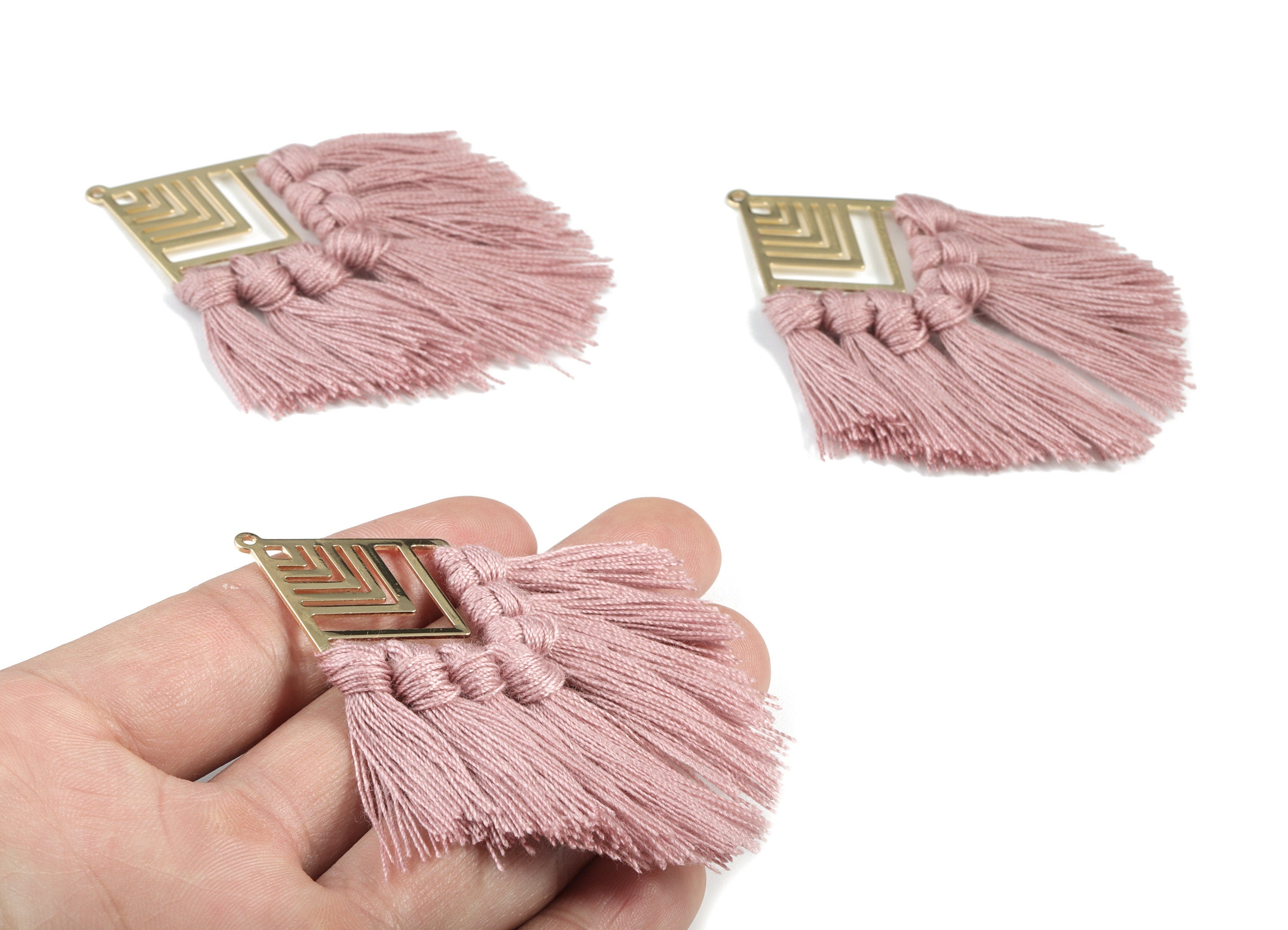 Kite Tassel Earring Charms - KC Gold  Tone Plated Rhombus Brass Cotton Bordeoux Tassels - Fringe Tassel - 74.27x29.7x2.79mm - TSM1929B - DOMEDBAZAAR