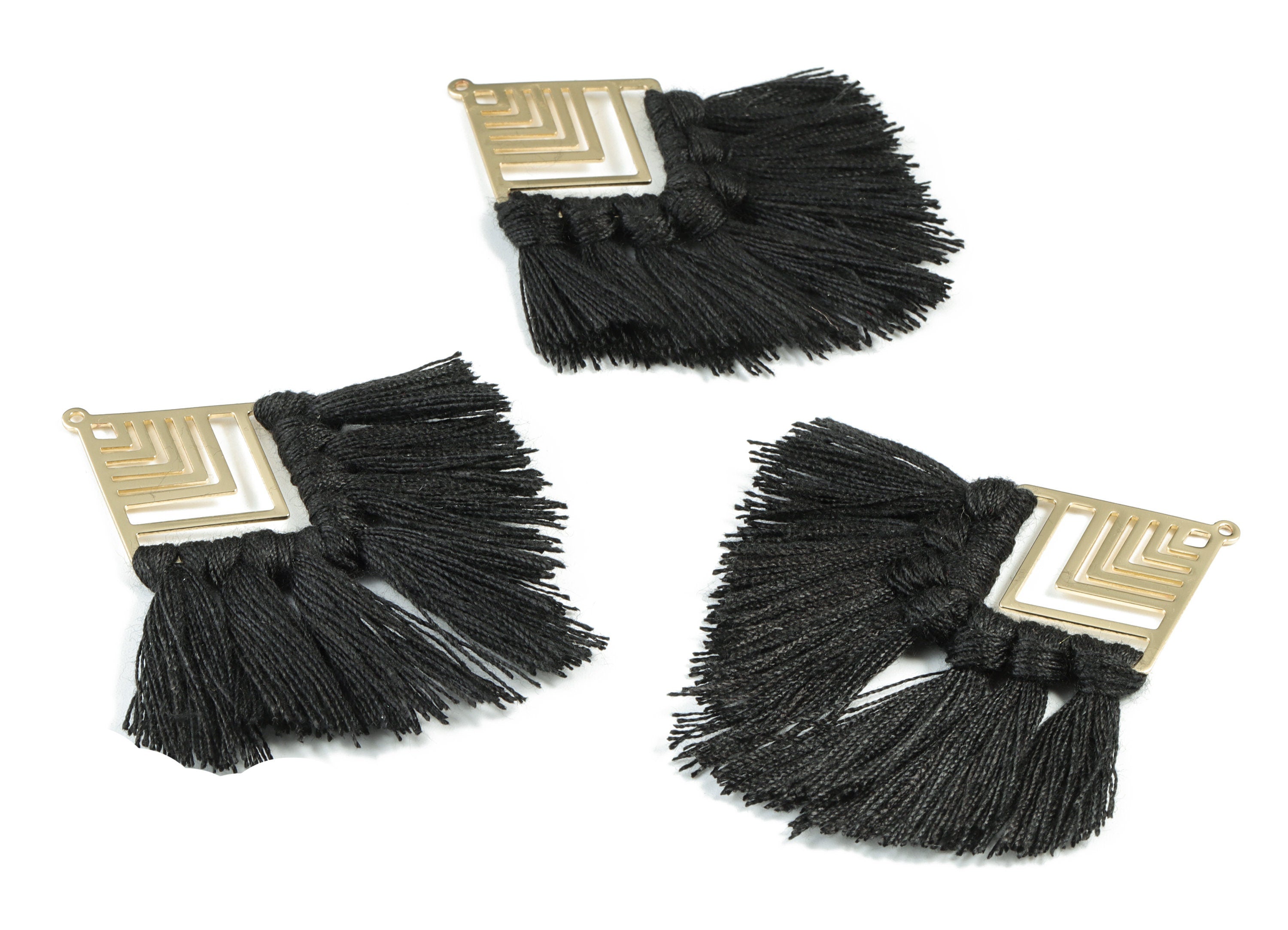Kite Tassel Earring Charms - KC Gold  Tone Plated Rhombus Brass Cotton Black Tassels - Fringe Tassel - 74.27x29.7x2.79mm - TSM1930C - DOMEDBAZAAR