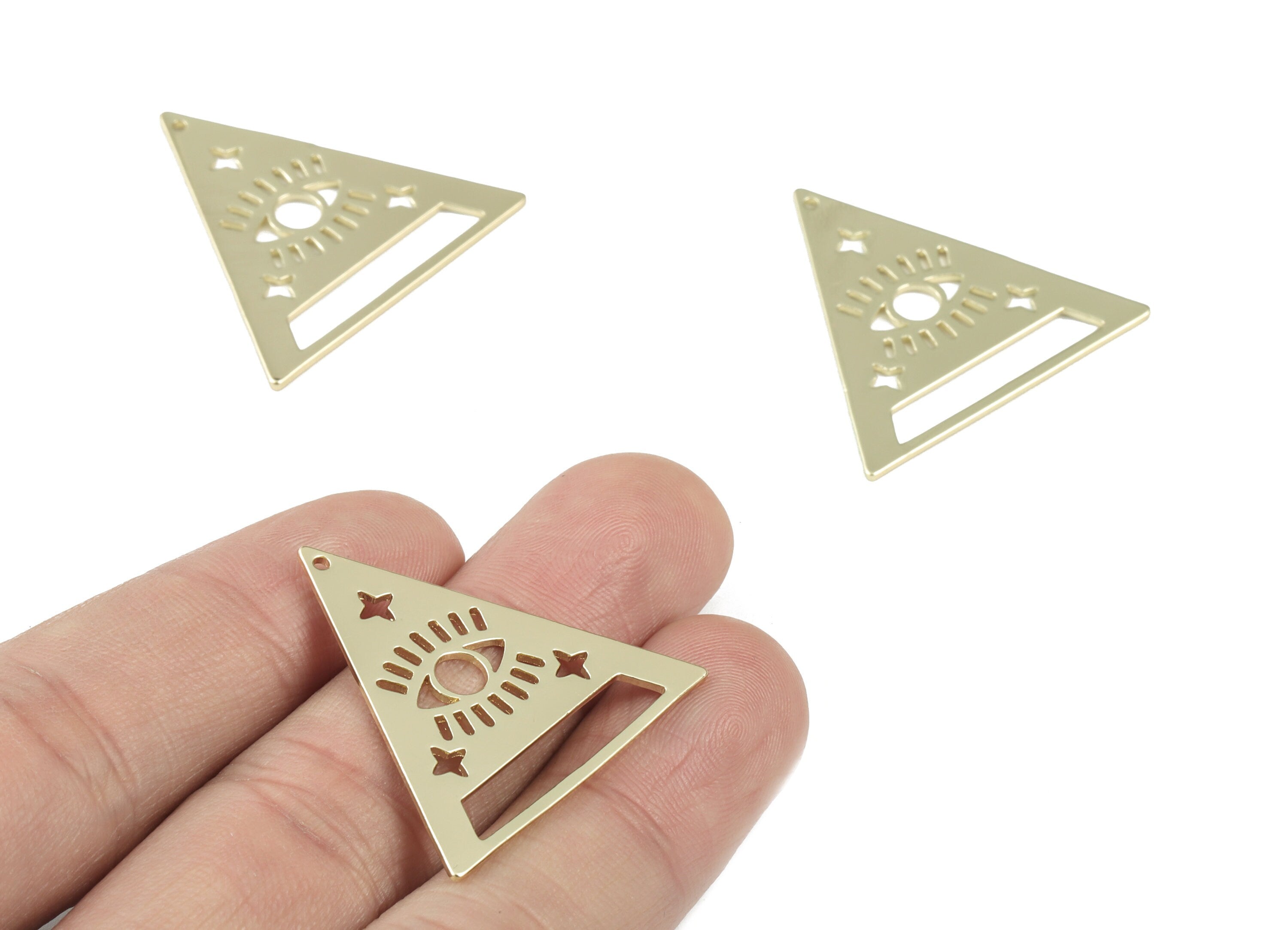 Gold Eye Triangle Earring Connector - Gold Tone Plated Brass Triangle  Eye Charms - Jewelry Supplies - 31x30x0.9mm - PPM3063G - DOMEDBAZAAR