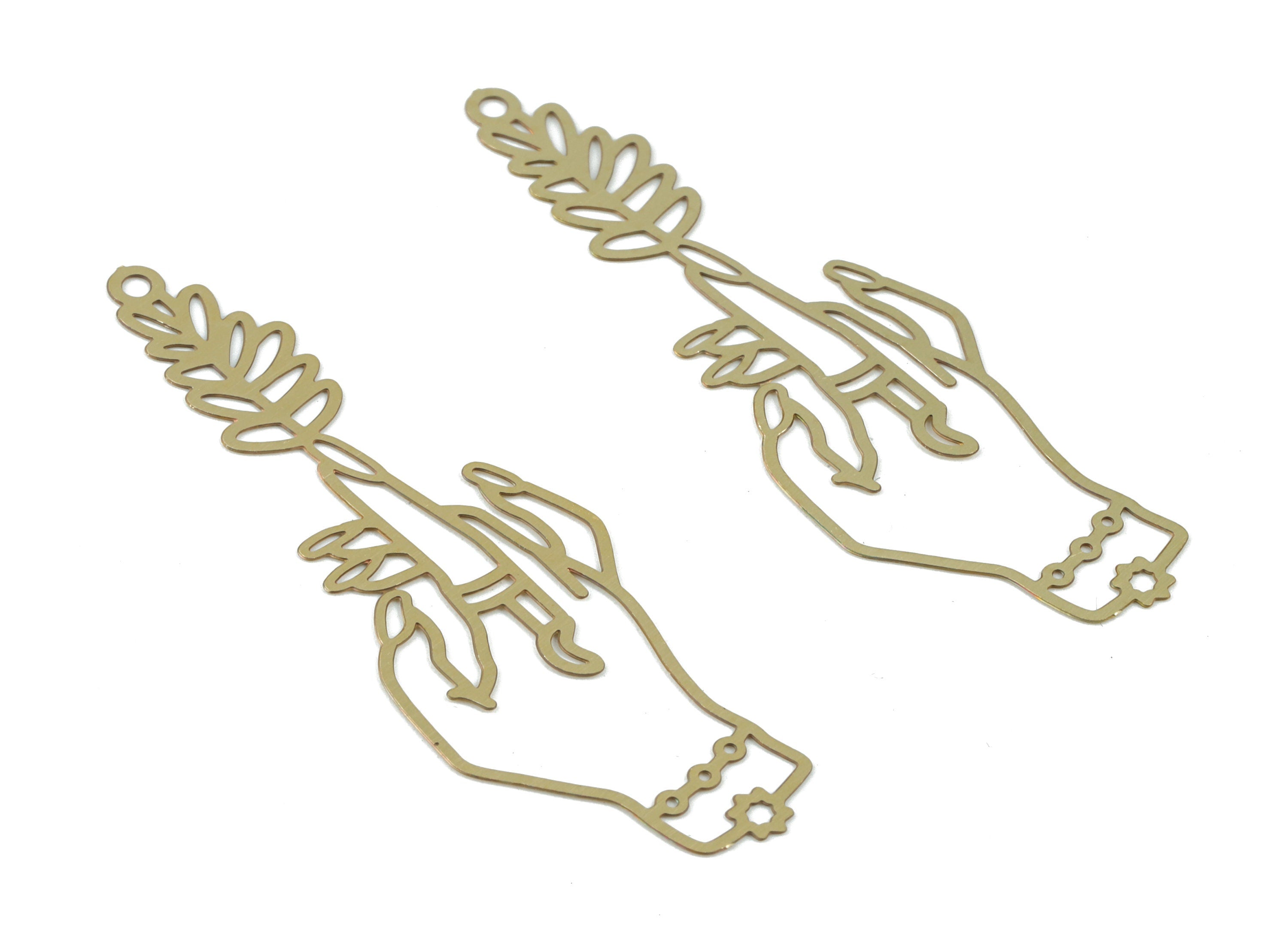 Brass Hand Flower Earring Charms - Raw Brass Hand Flower Pendant - Earring Findings - Jewellery Supplies - 52.41x18.77x0.3mm - JJB6515 - DOMEDBAZAAR
