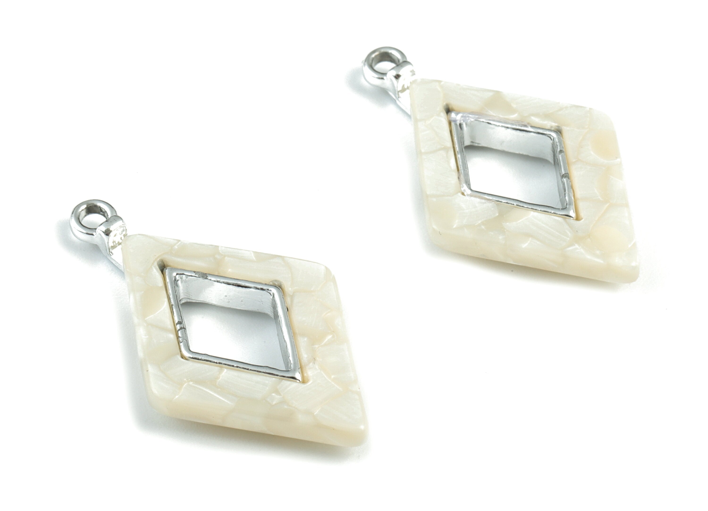 Rhombus Earring Charms - Ivory Acetate Rhombus Charms - Silver Tone  Plated Alloy Eye Charms -Jewelery Making- 35x20x4mm - AC1185-A33S - DOMEDBAZAAR