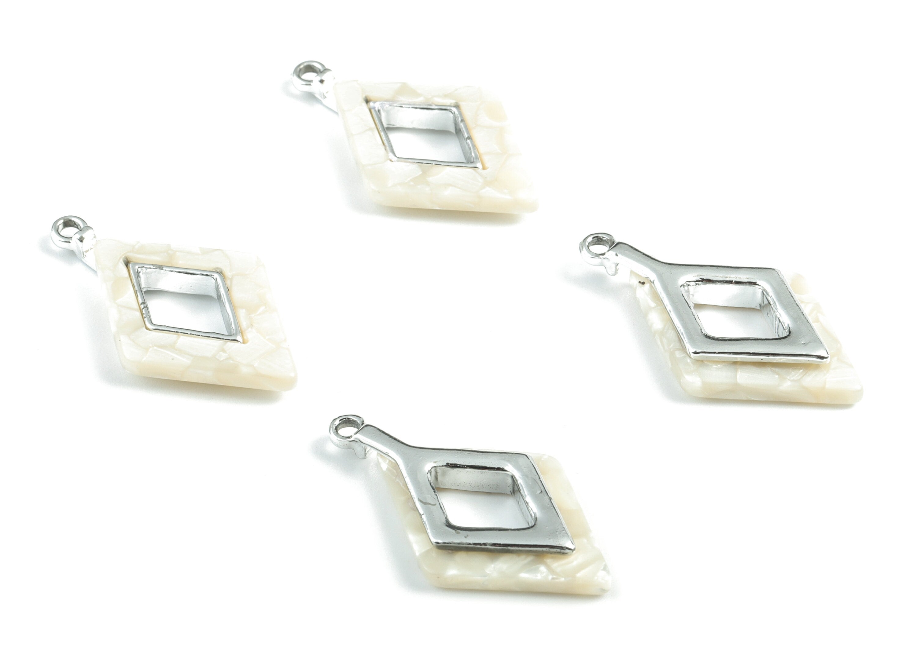 Rhombus Earring Charms - Ivory Acetate Rhombus Charms - Silver Tone  Plated Alloy Eye Charms -Jewelery Making- 35x20x4mm - AC1185-A33S - DOMEDBAZAAR