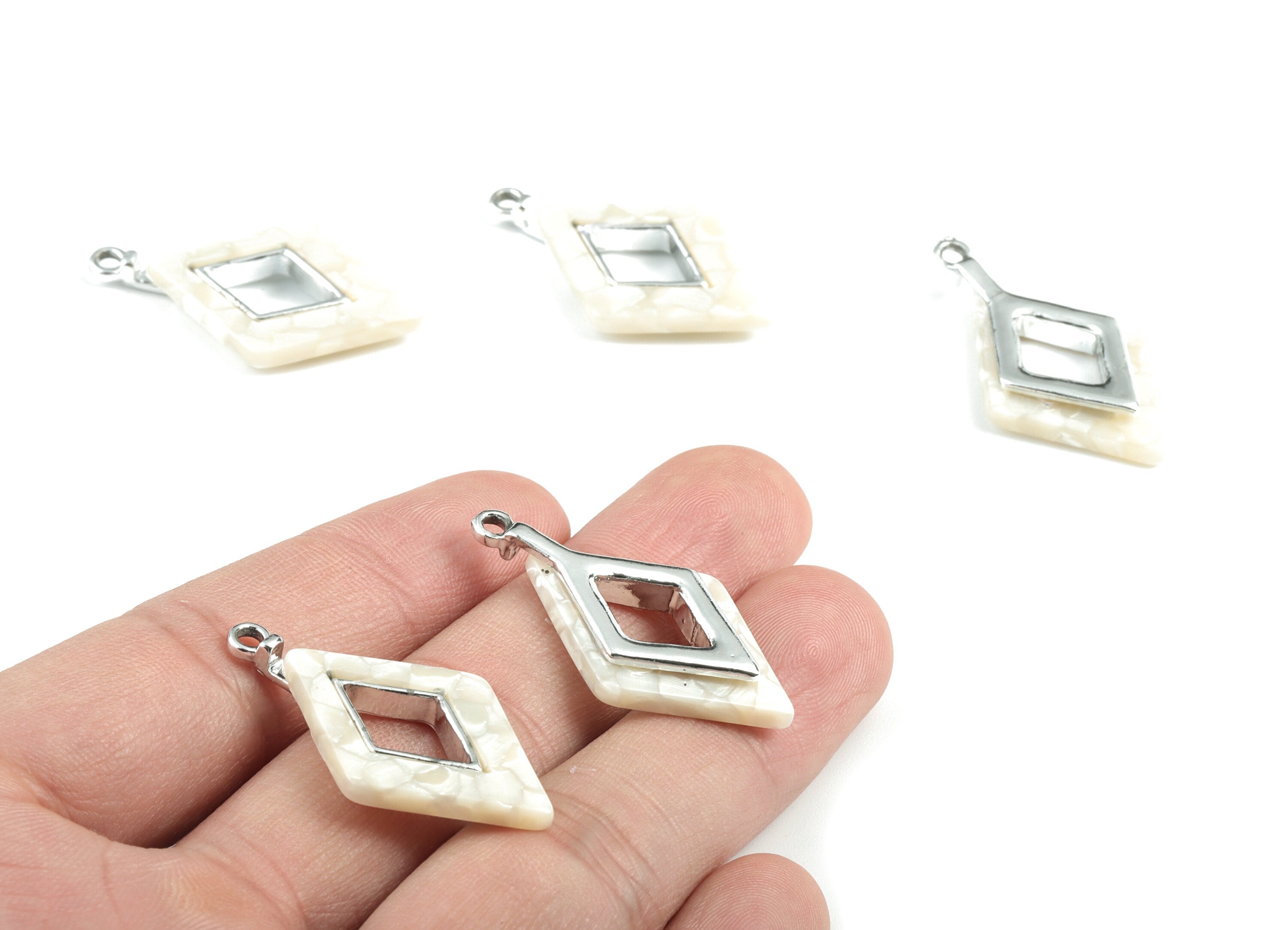 Rhombus Earring Charms - Ivory Acetate Rhombus Charms - Silver Tone  Plated Alloy Eye Charms -Jewelery Making- 35x20x4mm - AC1185-A33S - DOMEDBAZAAR