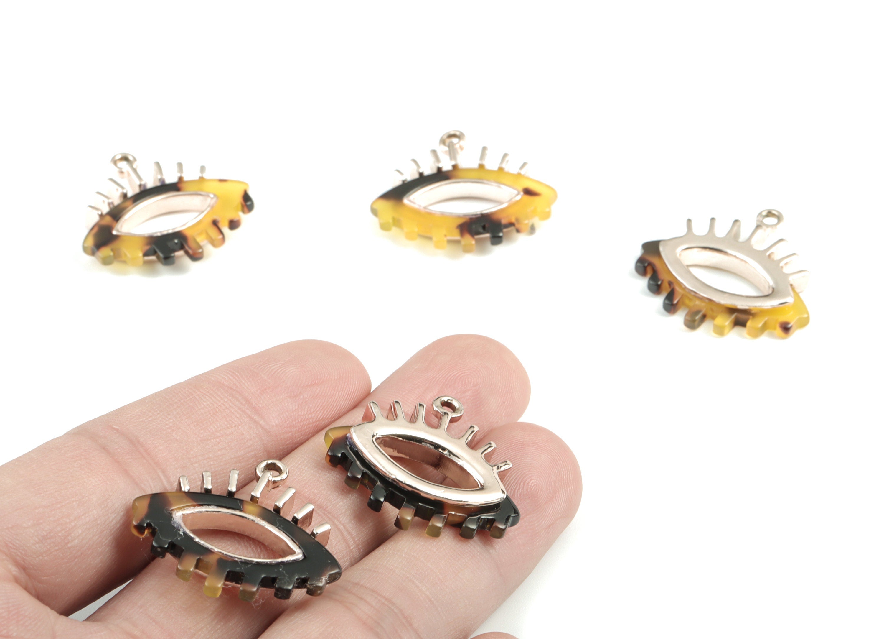 Eyelash Earring Charms - Tortoise Shell Acetate Eye Charms - Rose Tone  Plated Alloy Eye Charms - 27x26x4mm - AC1847-A02R - DOMEDBAZAAR