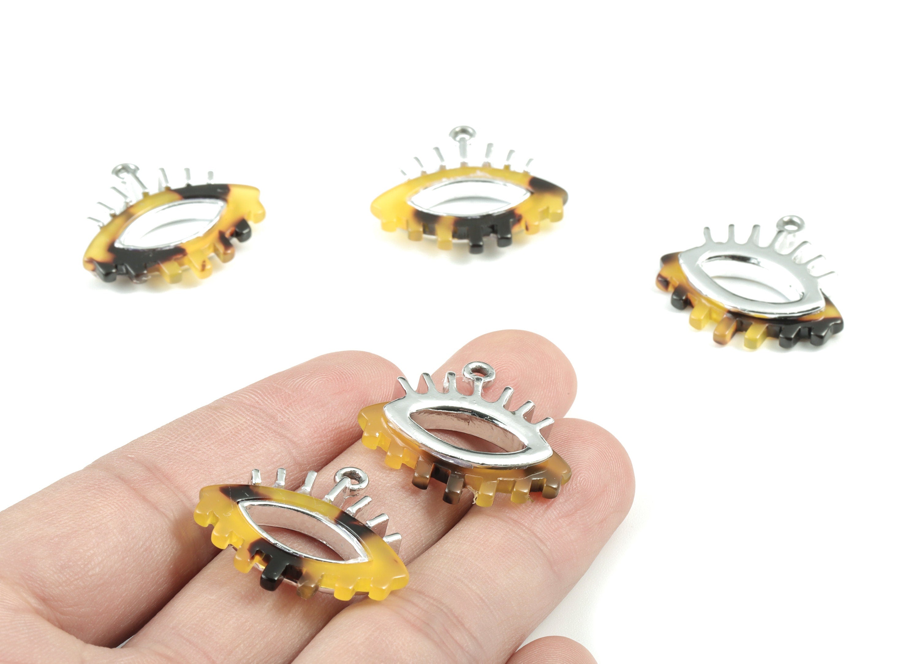 Eyelash Earring Charms - Tortoise Shell Acetate Eye Charms - Silver Tone  Plated Alloy Eye Charms - 27x26x4mm - AC1847-A02S - DOMEDBAZAAR