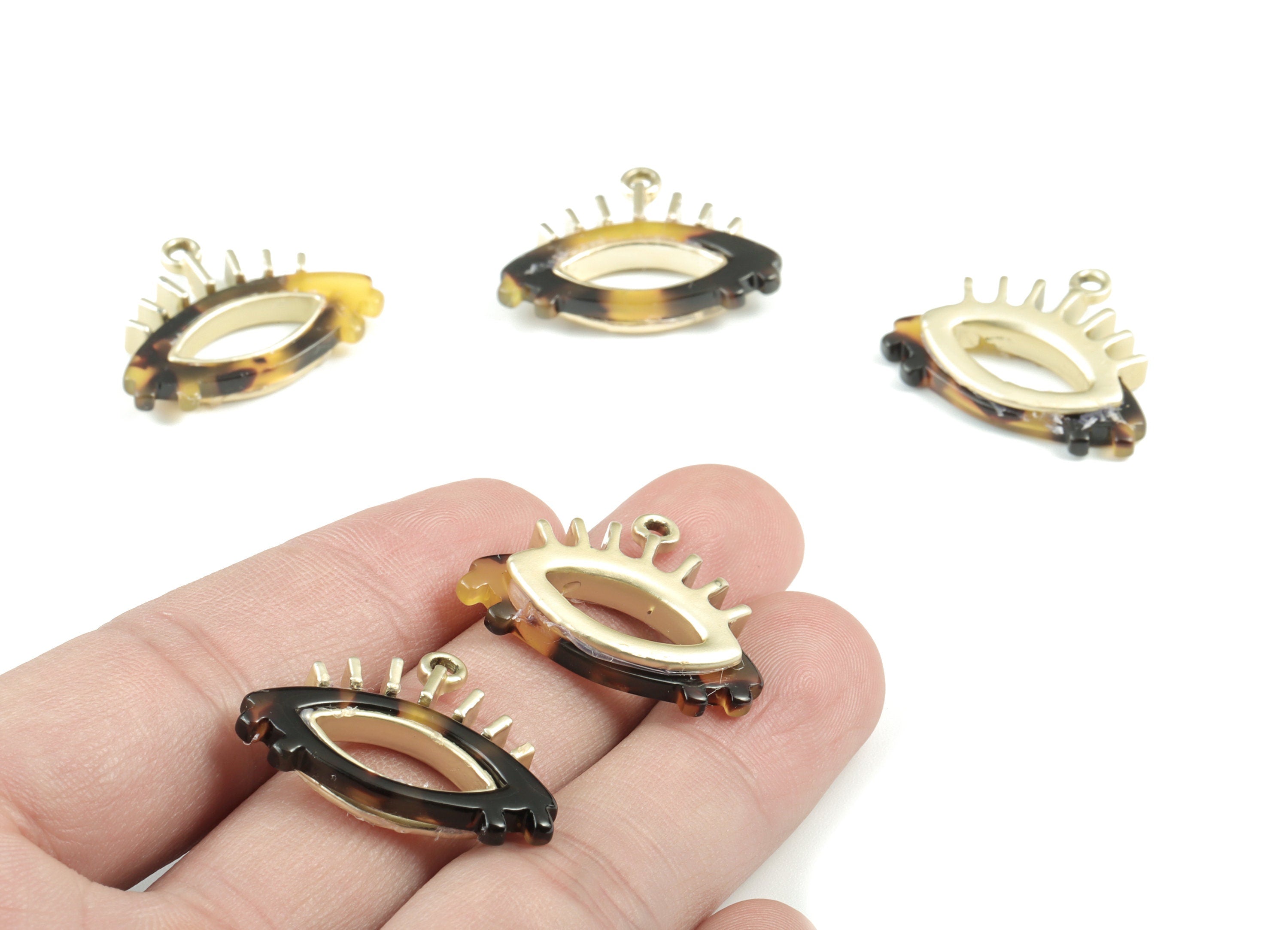 Eyelash Earring Charms - Tortoise Shell Acetate Eye Charms - Matte Gold Tone  Plated Alloy Eye Charms - 27x22x4mm - AC1848-A02MG - DOMEDBAZAAR