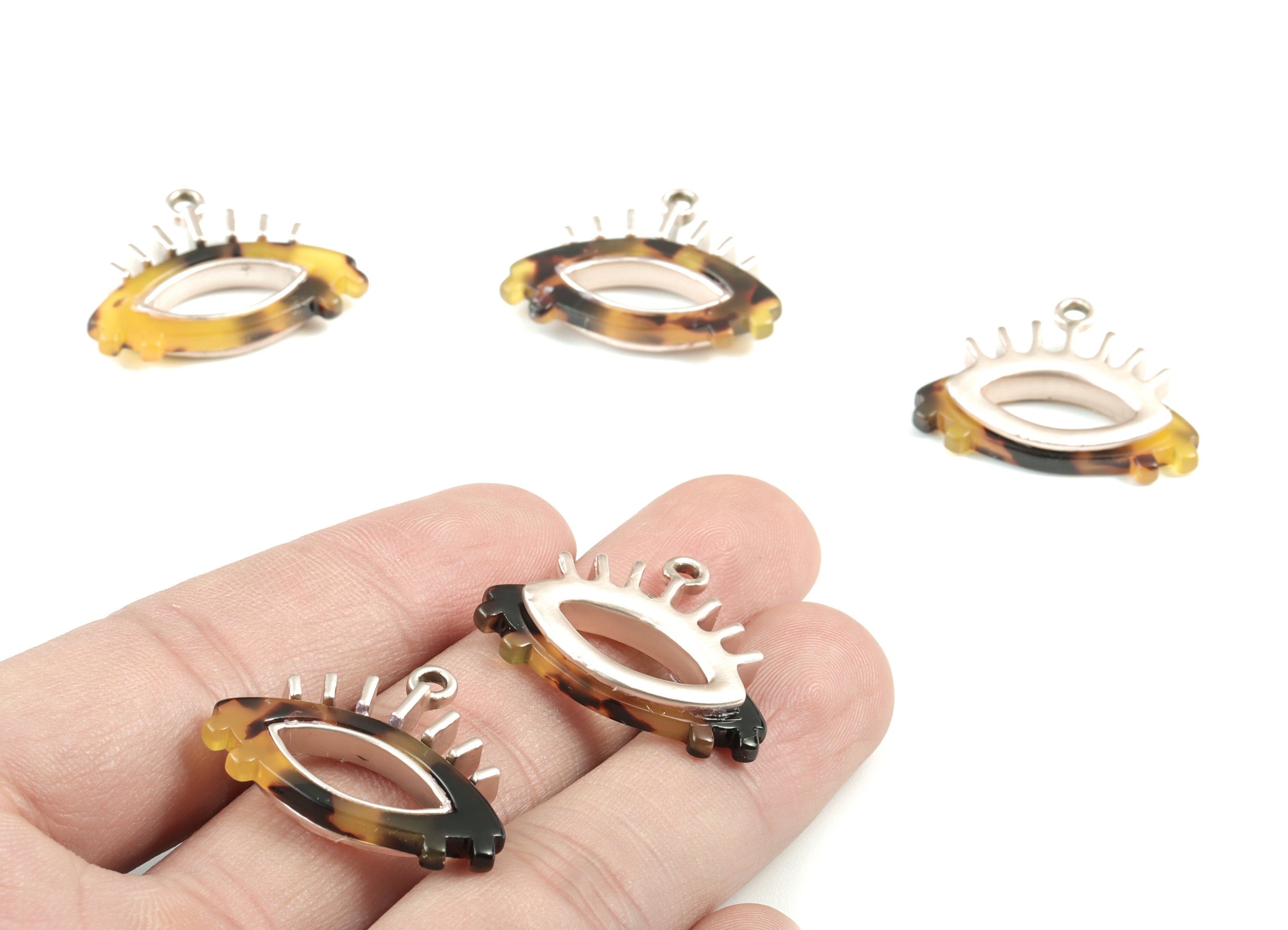 Eyelash Earring Charms - Tortoise Shell Acetate Eye Charms - Matte Rose Tone  Plated Alloy Eye Charms - 27x22x4mm - AC1848-A02MR - DOMEDBAZAAR